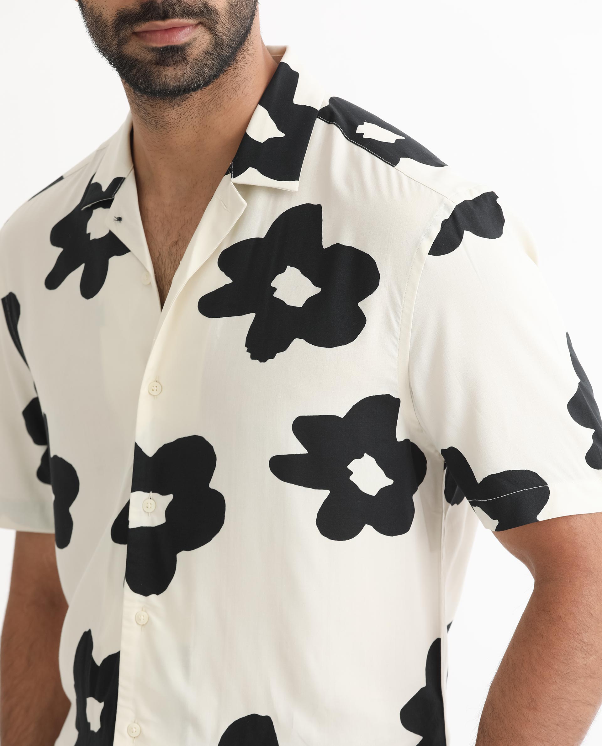 Rare Rabbit Men's Heming Beige Viscose Fabric Floral Print Half Sleeves Shirt