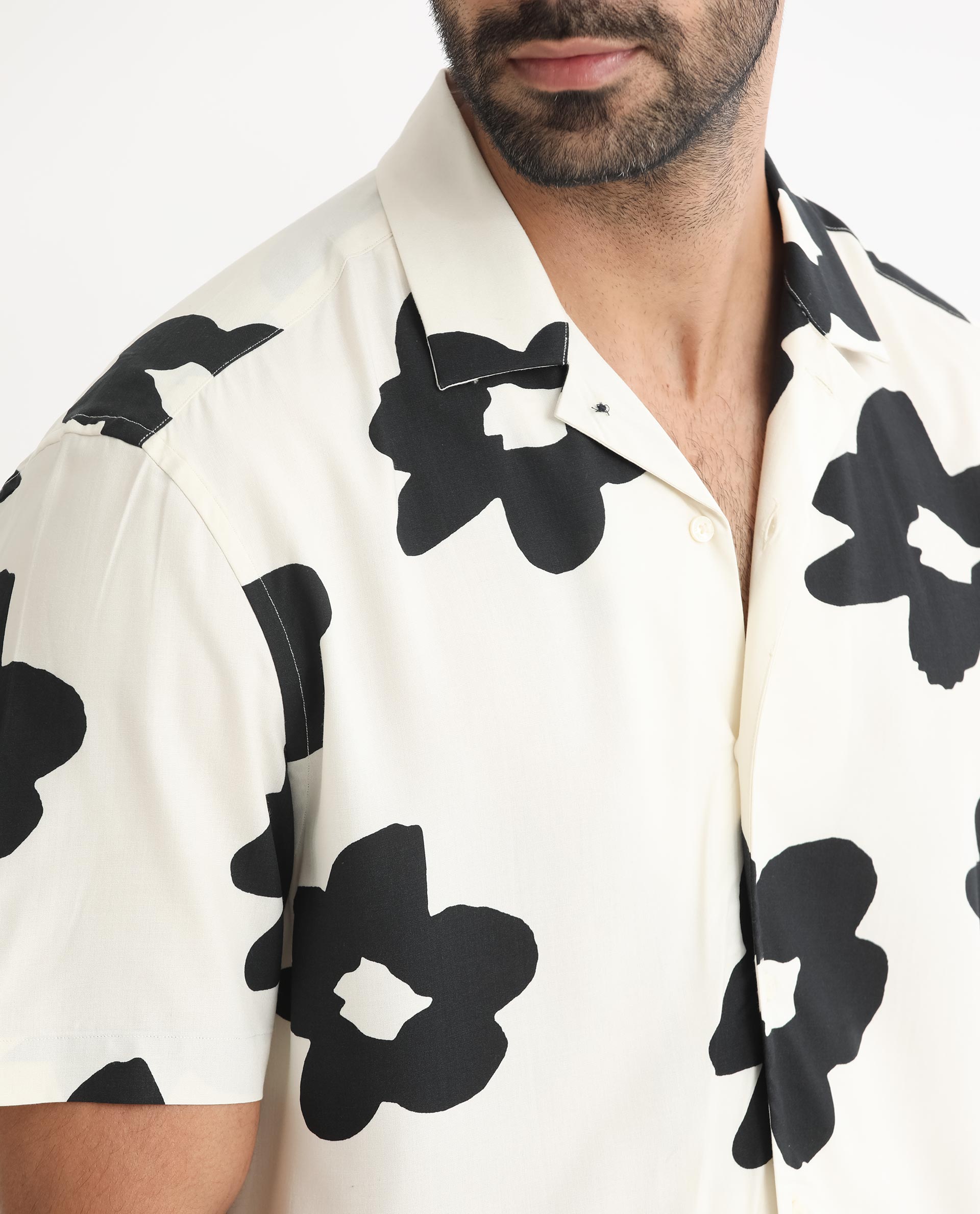 Rare Rabbit Men's Heming Beige Viscose Fabric Floral Print Half Sleeves Shirt