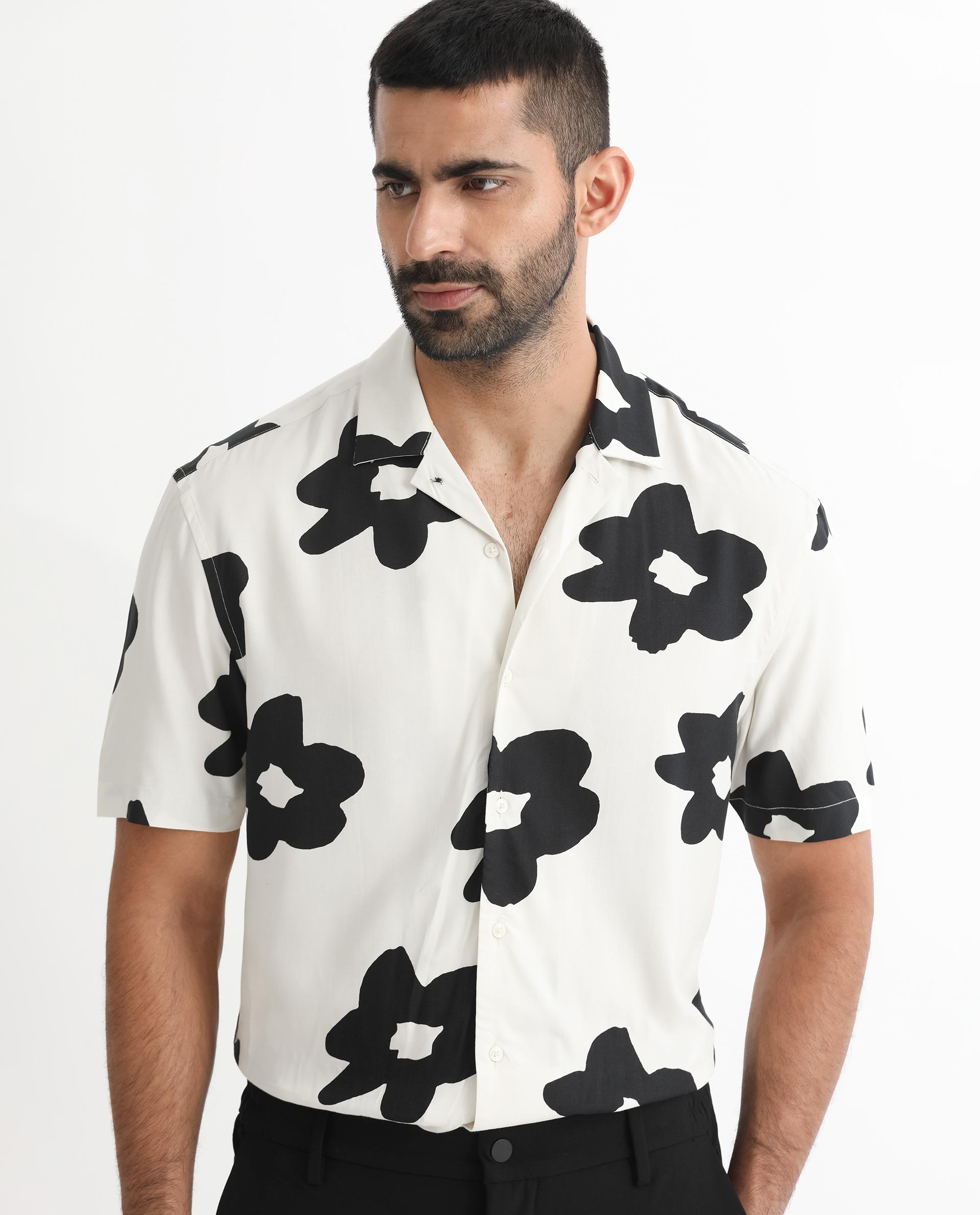 Rare Rabbit Men's Heming Beige Viscose Fabric Floral Print Half Sleeves Shirt