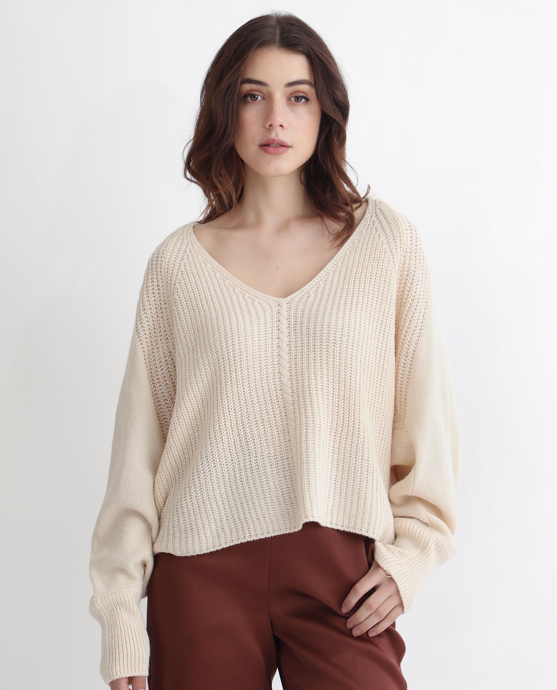 Rareism Women Henares Off White Acrylic Fabric Full Sleeves V-Neck Relaxed Fit Plain Sweater