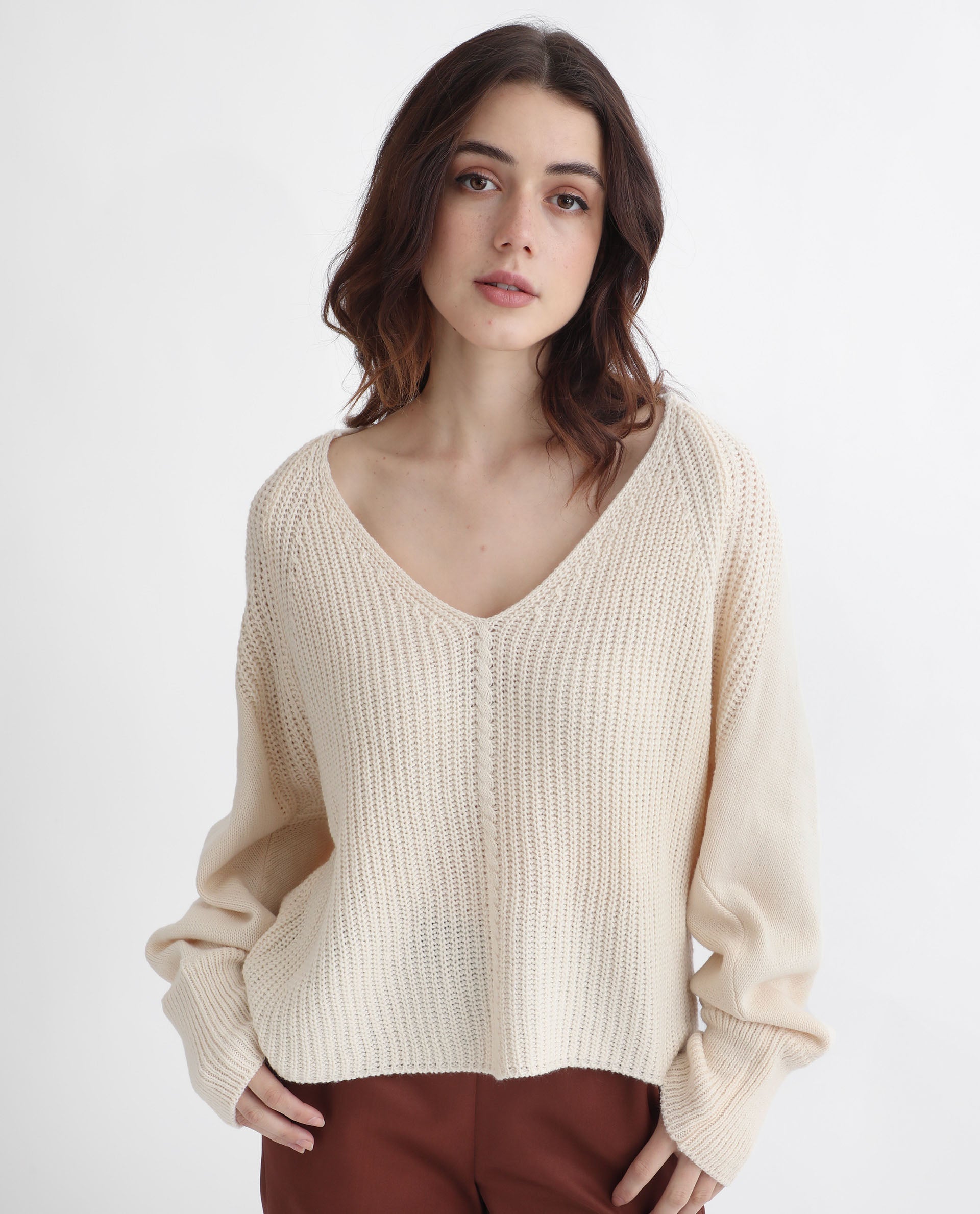 Rareism Women Henares Off White Acrylic Fabric Full Sleeves V-Neck Relaxed Fit Plain Sweater