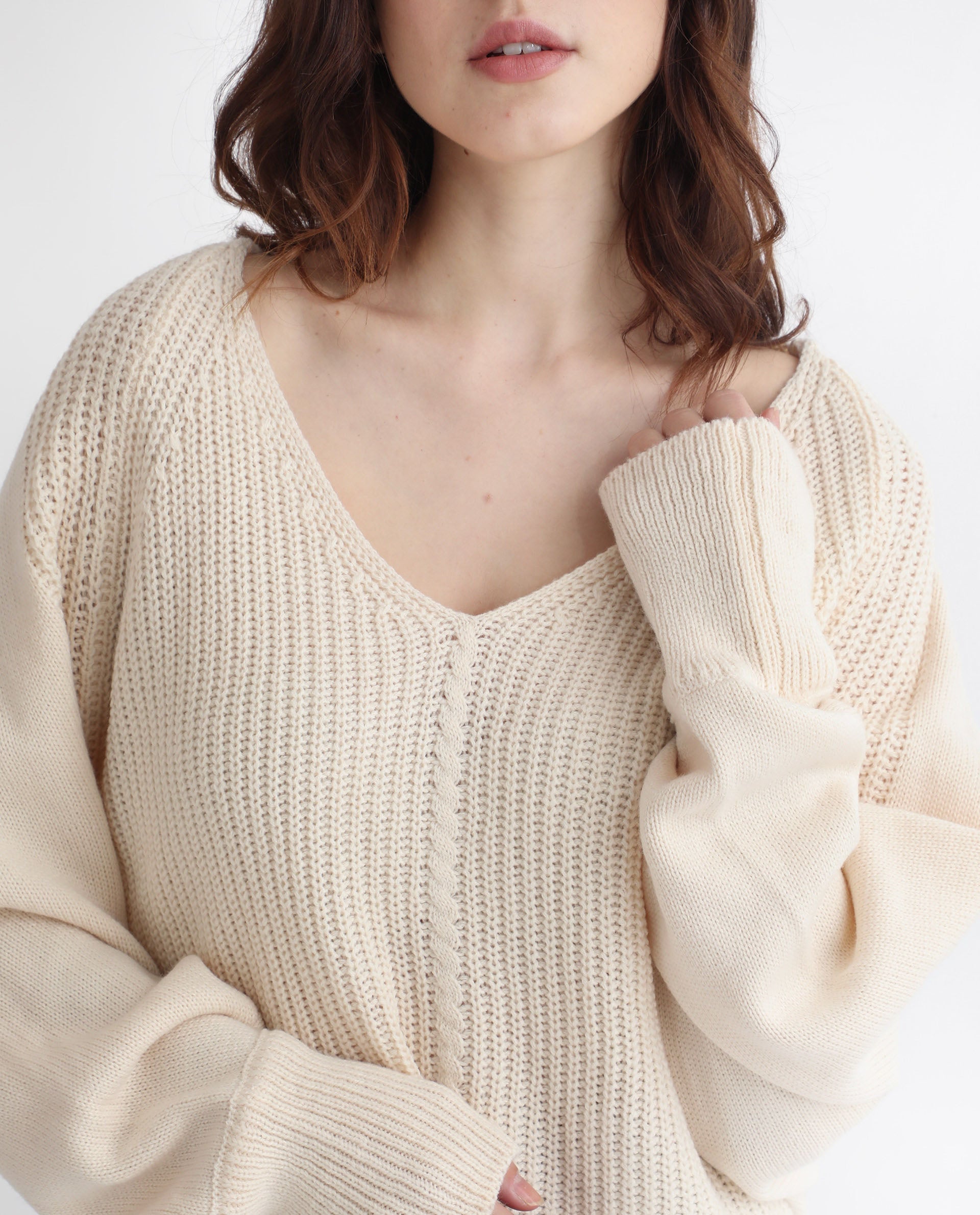 Rareism Women Henares Off White Acrylic Fabric Full Sleeves V-Neck Relaxed Fit Plain Sweater