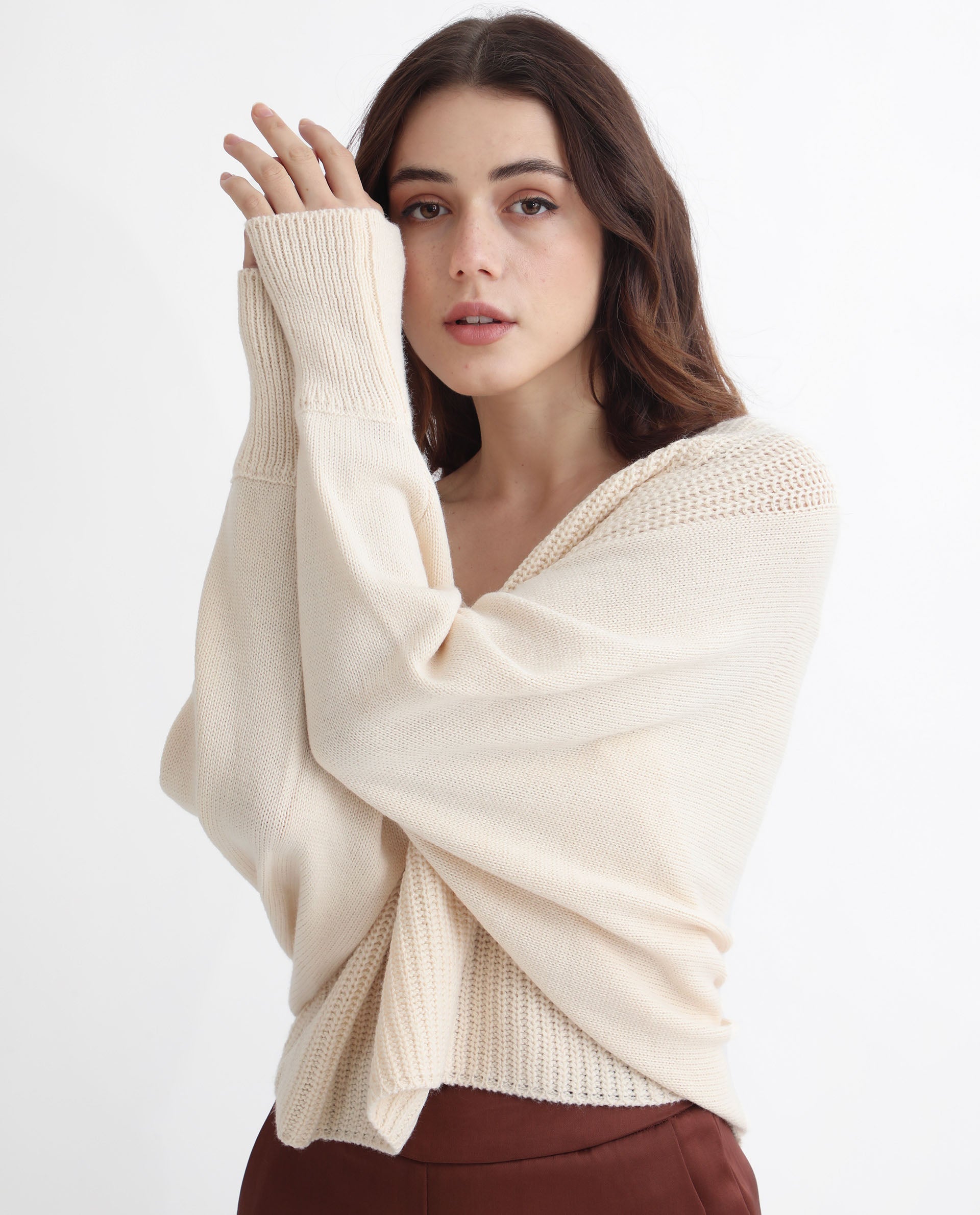 Rareism Women Henares Off White Acrylic Fabric Full Sleeves V-Neck Relaxed Fit Plain Sweater