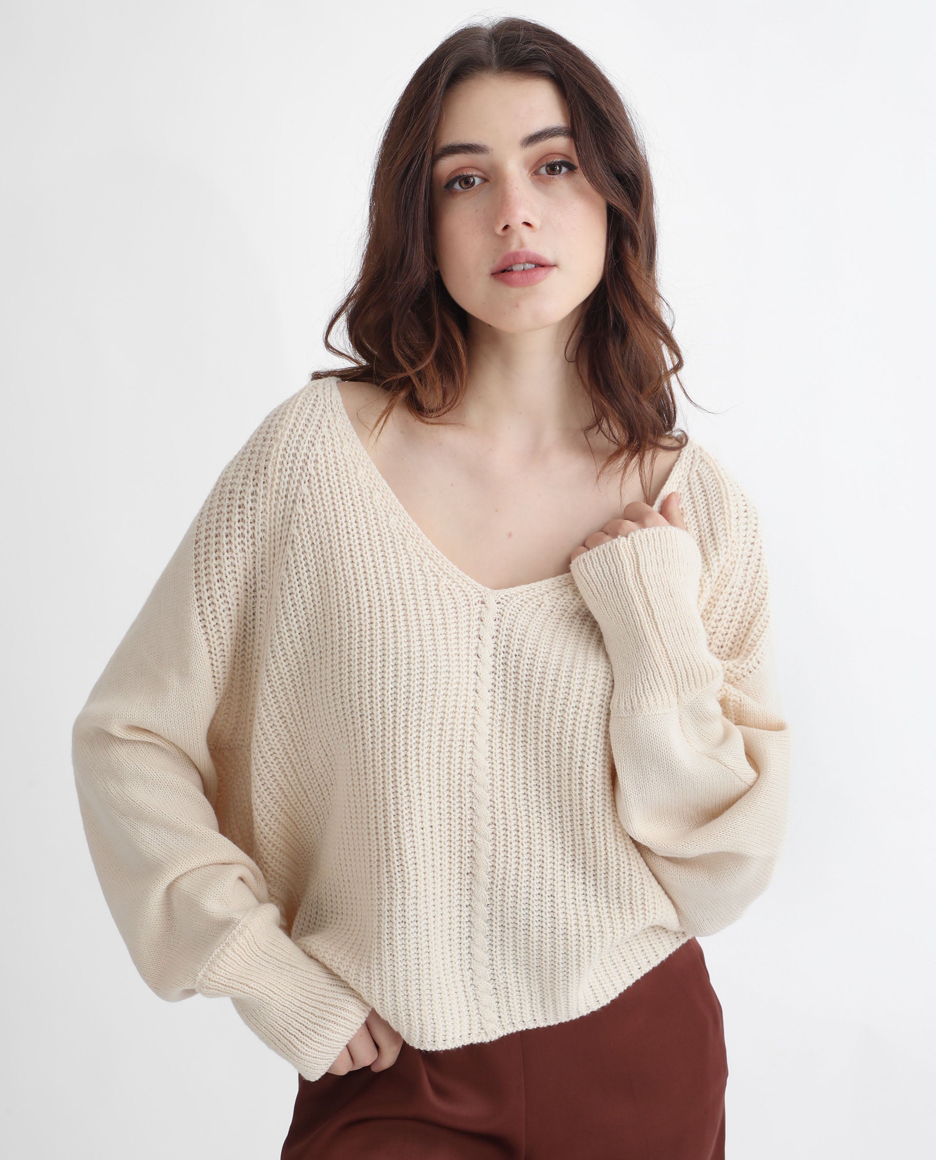 Rareism Women Henares Off White Acrylic Fabric Full Sleeves V-Neck Relaxed Fit Plain Sweater