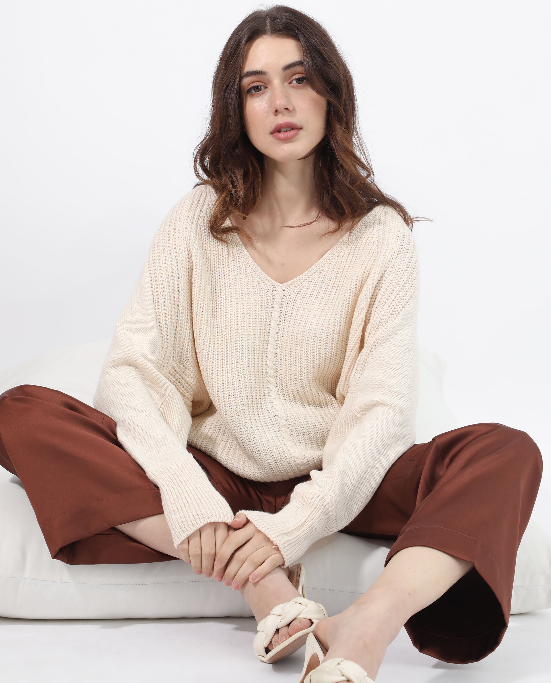 Rareism Women Henares Off White Acrylic Fabric Full Sleeves V-Neck Relaxed Fit Plain Sweater