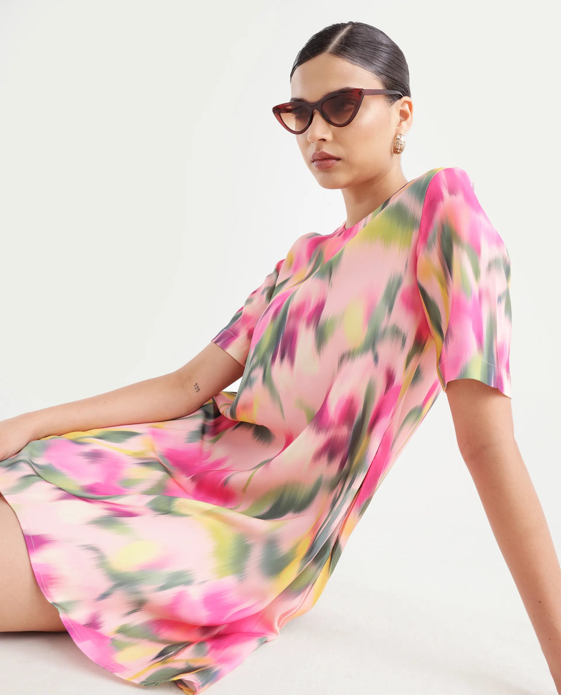 Rareism Women's Henkim Multi Polyester Blend Crew Neck Floral Print Mini A-Line Dress