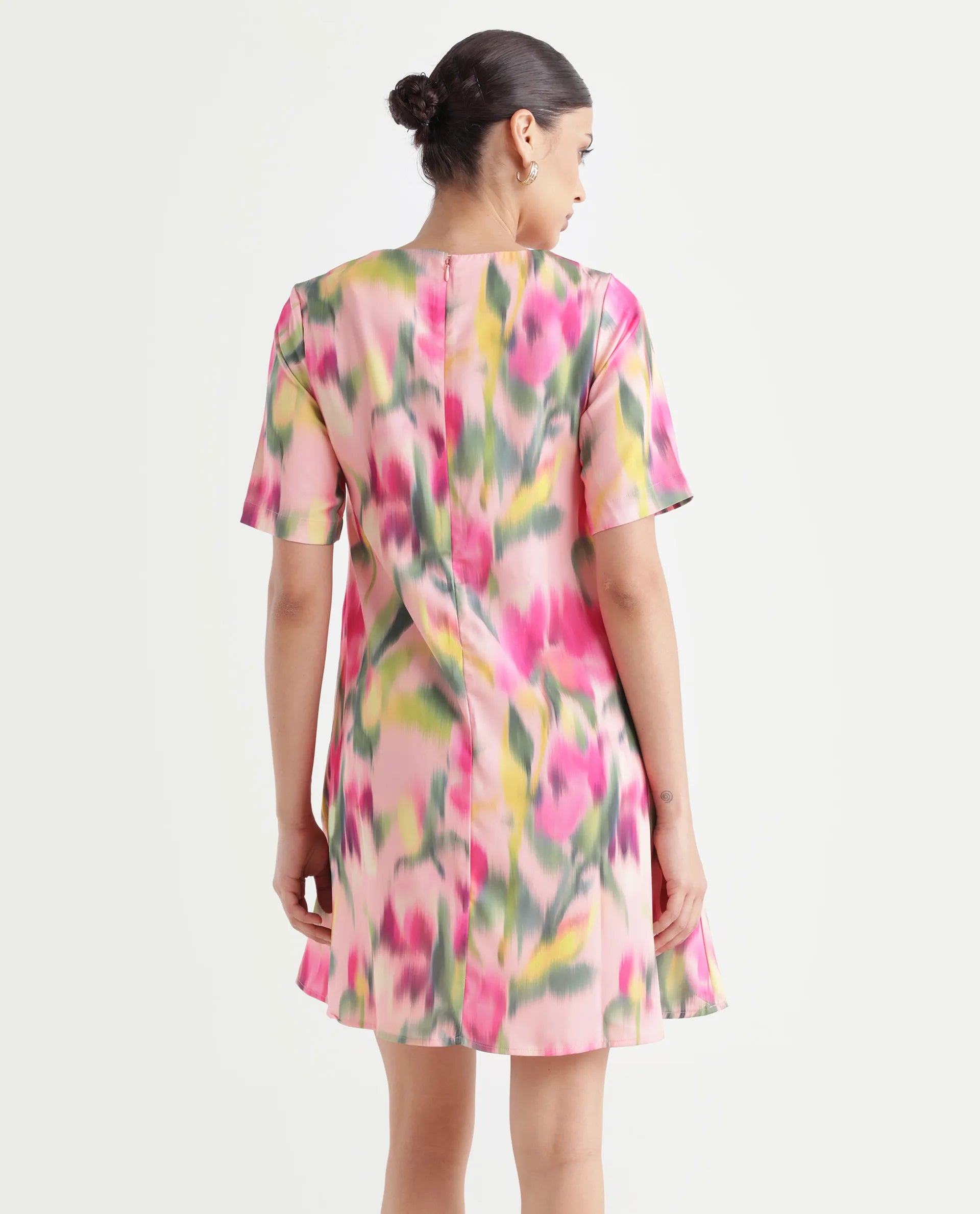 Rareism Women's Henkim Multi Polyester Blend Crew Neck Floral Print Mini A-Line Dress