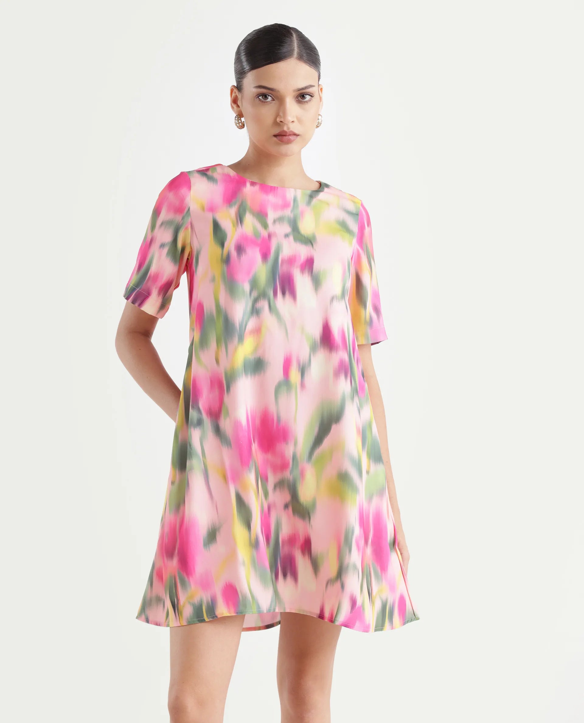 Rareism Women's Henkim Multi Polyester Blend Crew Neck Floral Print Mini A-Line Dress