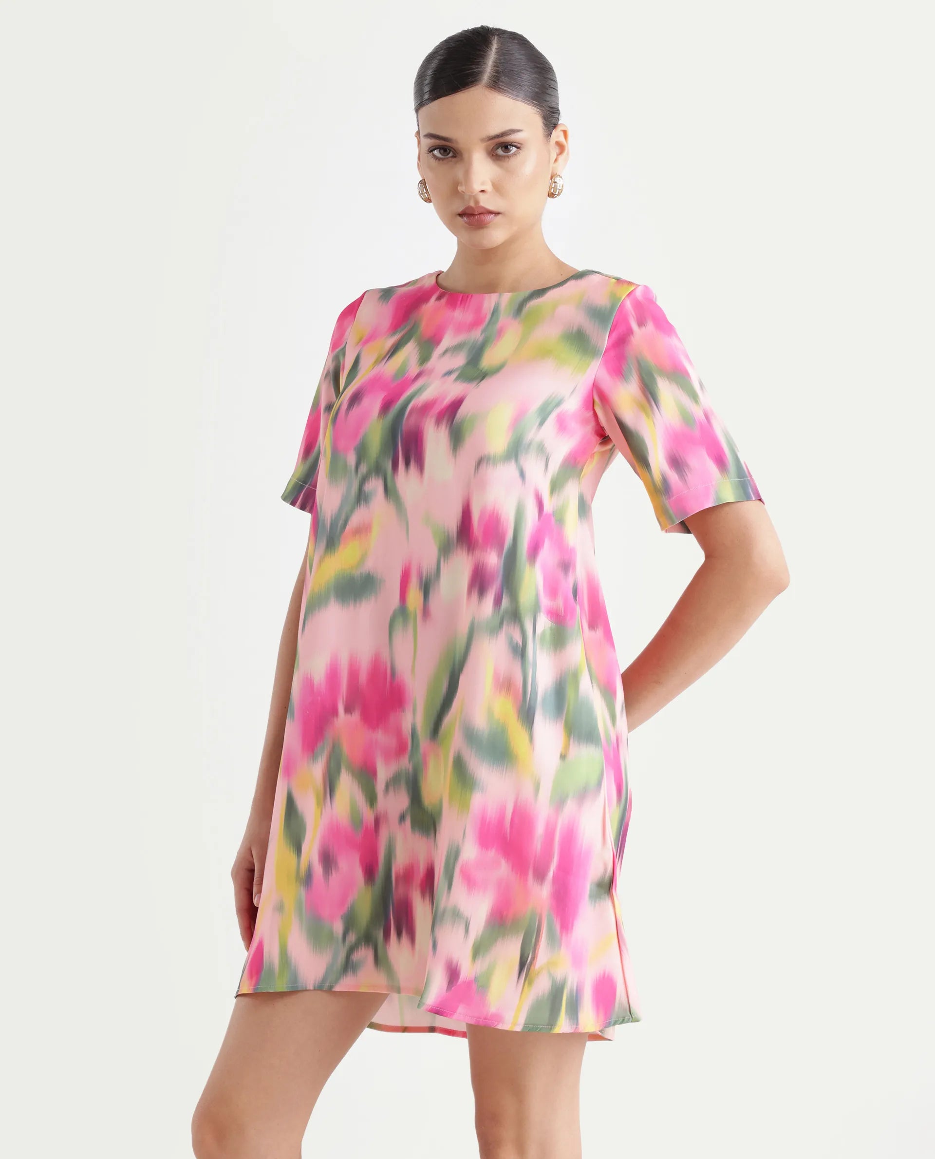 Rareism Women's Henkim Multi Polyester Blend Crew Neck Floral Print Mini A-Line Dress