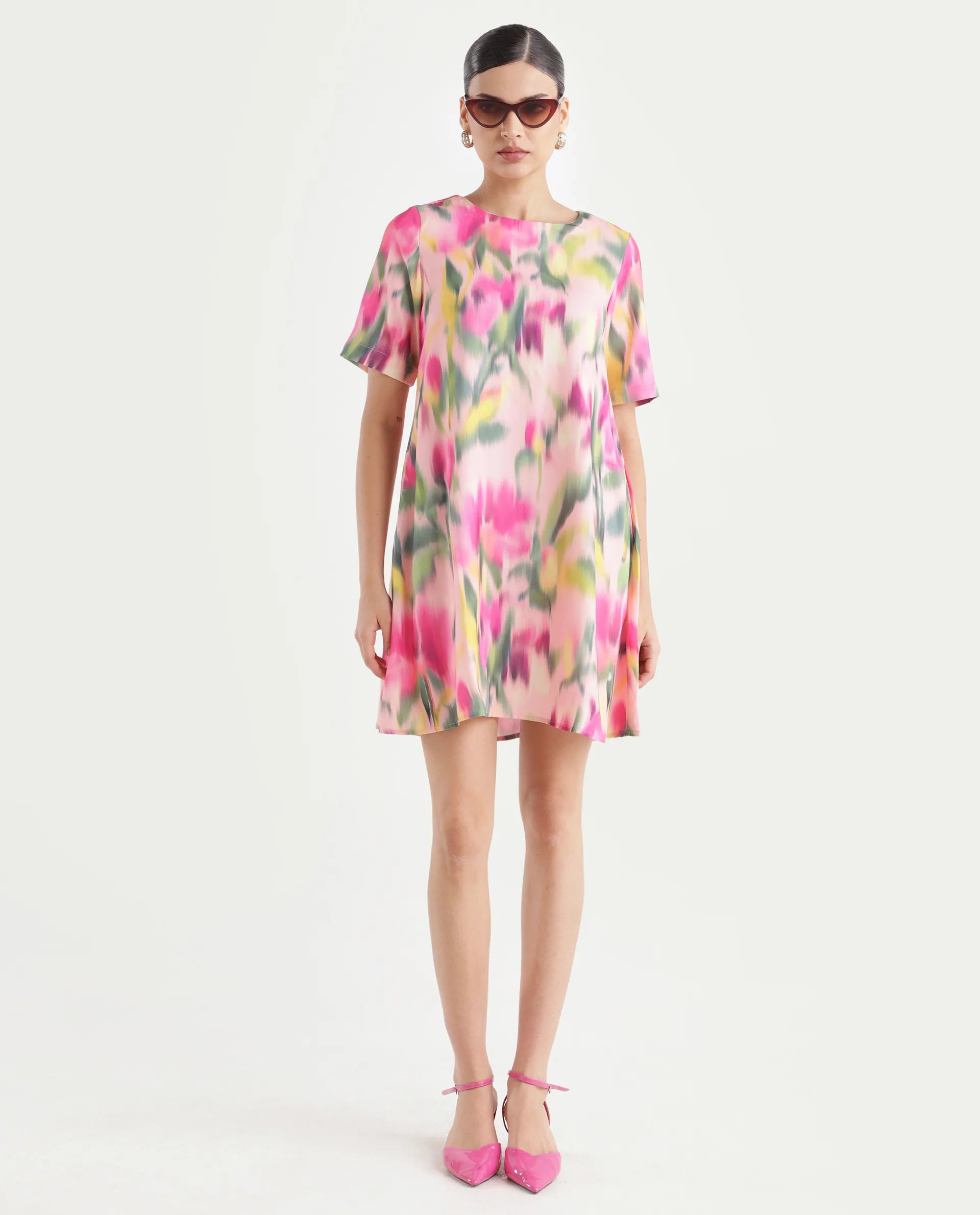 Rareism Women's Henkim Multi Polyester Blend Crew Neck Floral Print Mini A-Line Dress