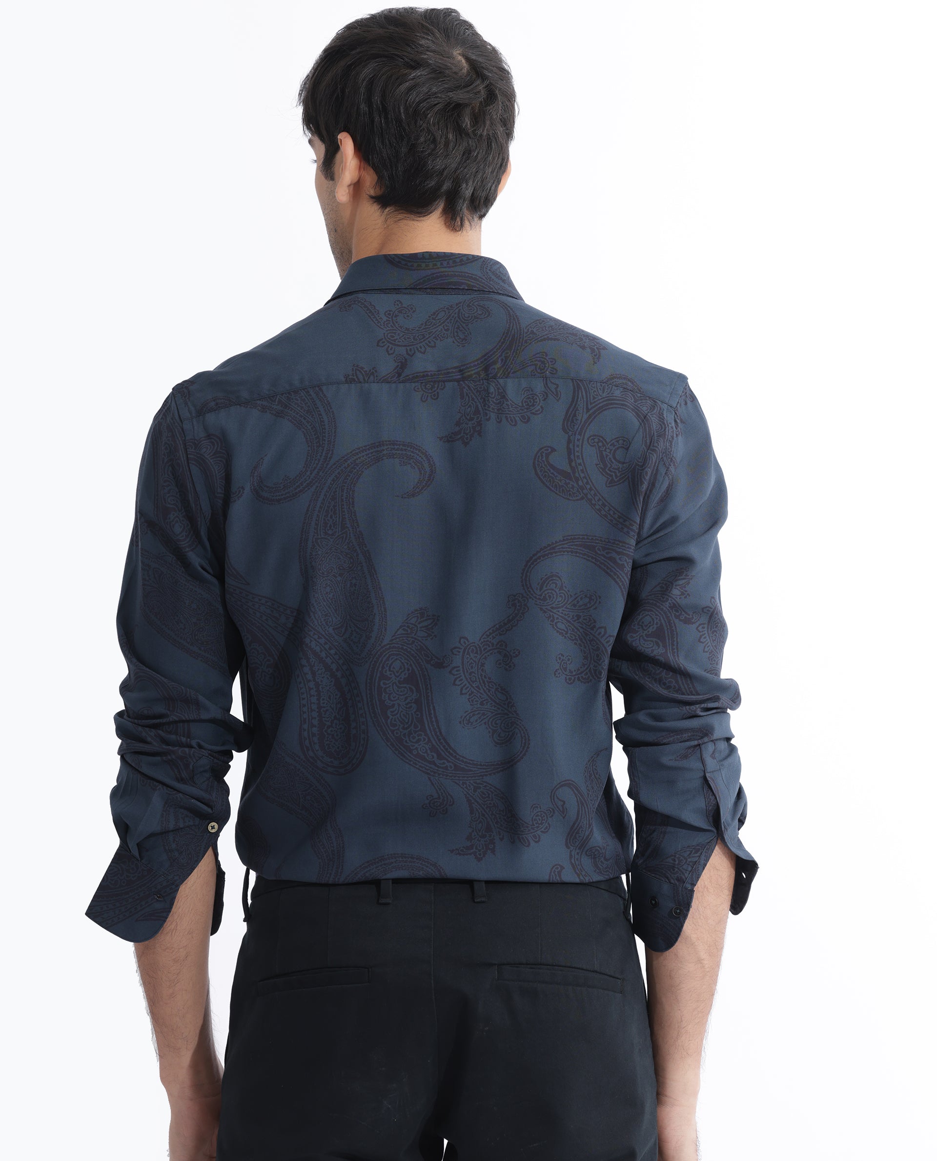 Rare Rabbit Men's Hera Blue Viscose Fabric Paisley Print Full Sleeves Shirt