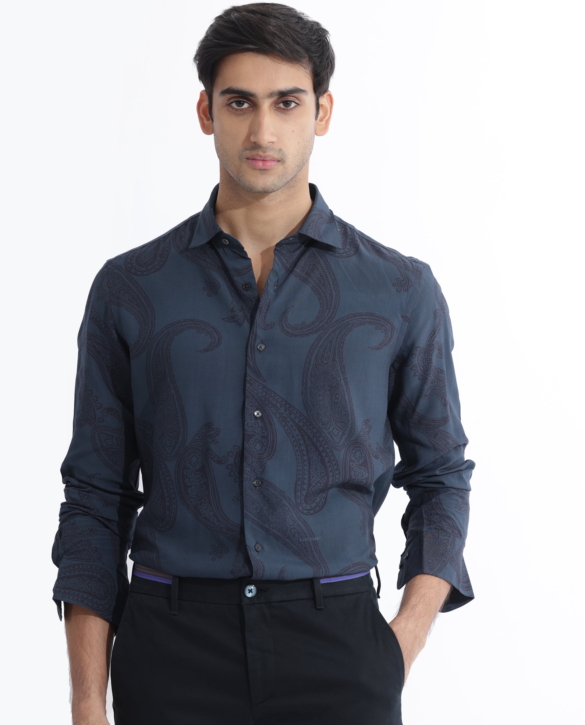 Rare Rabbit Men's Hera Blue Viscose Fabric Paisley Print Full Sleeves Shirt