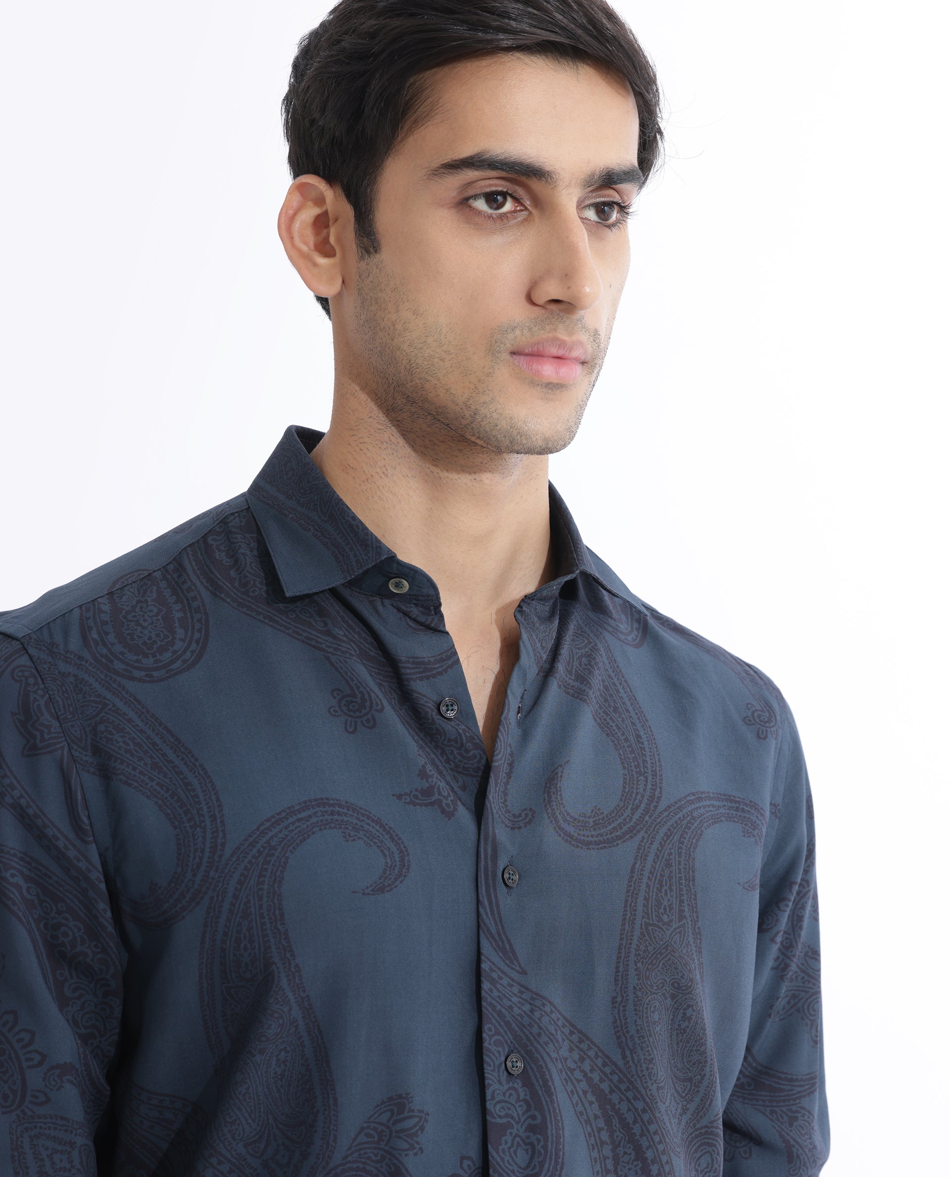 Rare Rabbit Men's Hera Blue Viscose Fabric Paisley Print Full Sleeves Shirt