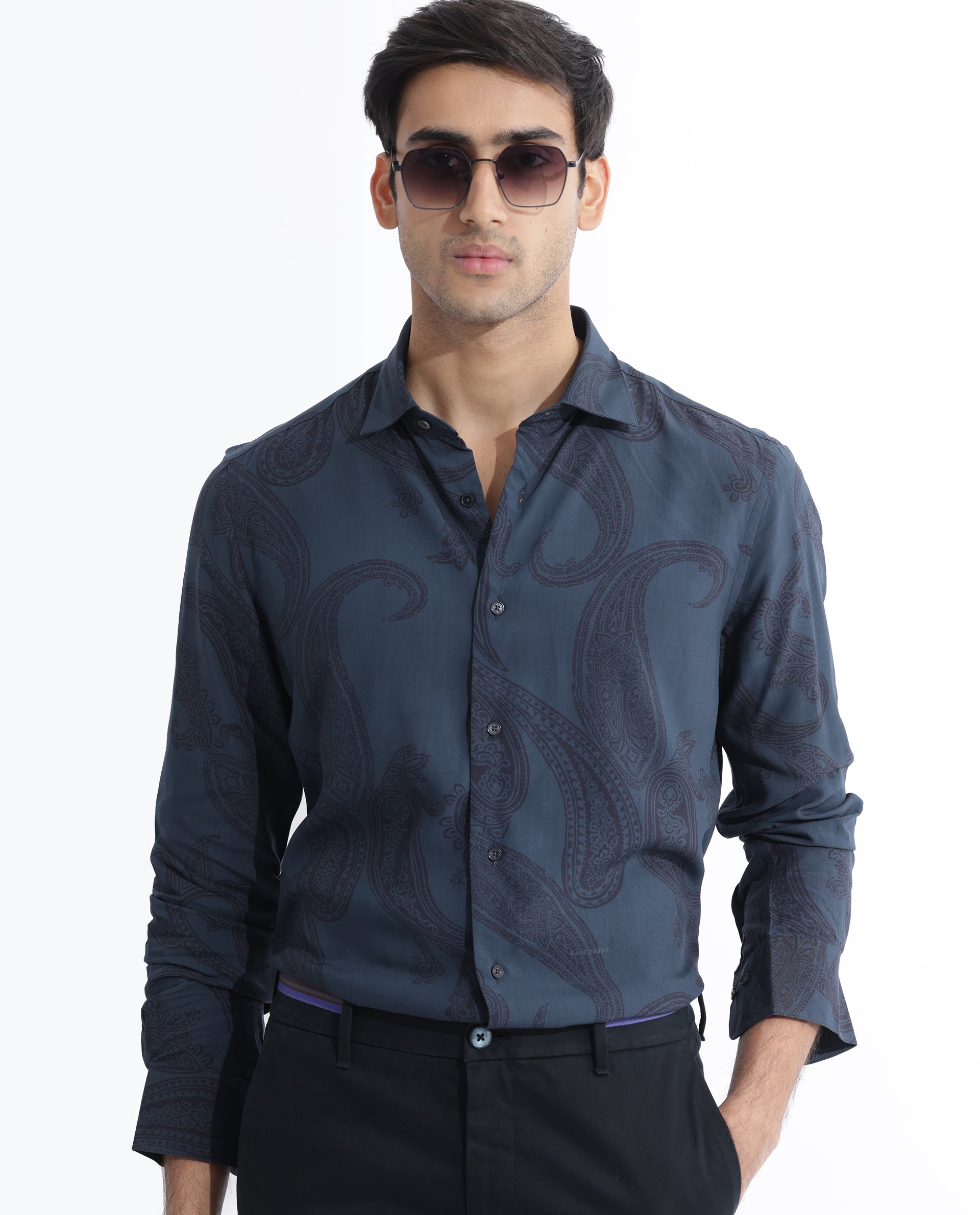 Rare Rabbit Men's Hera Blue Viscose Fabric Paisley Print Full Sleeves Shirt