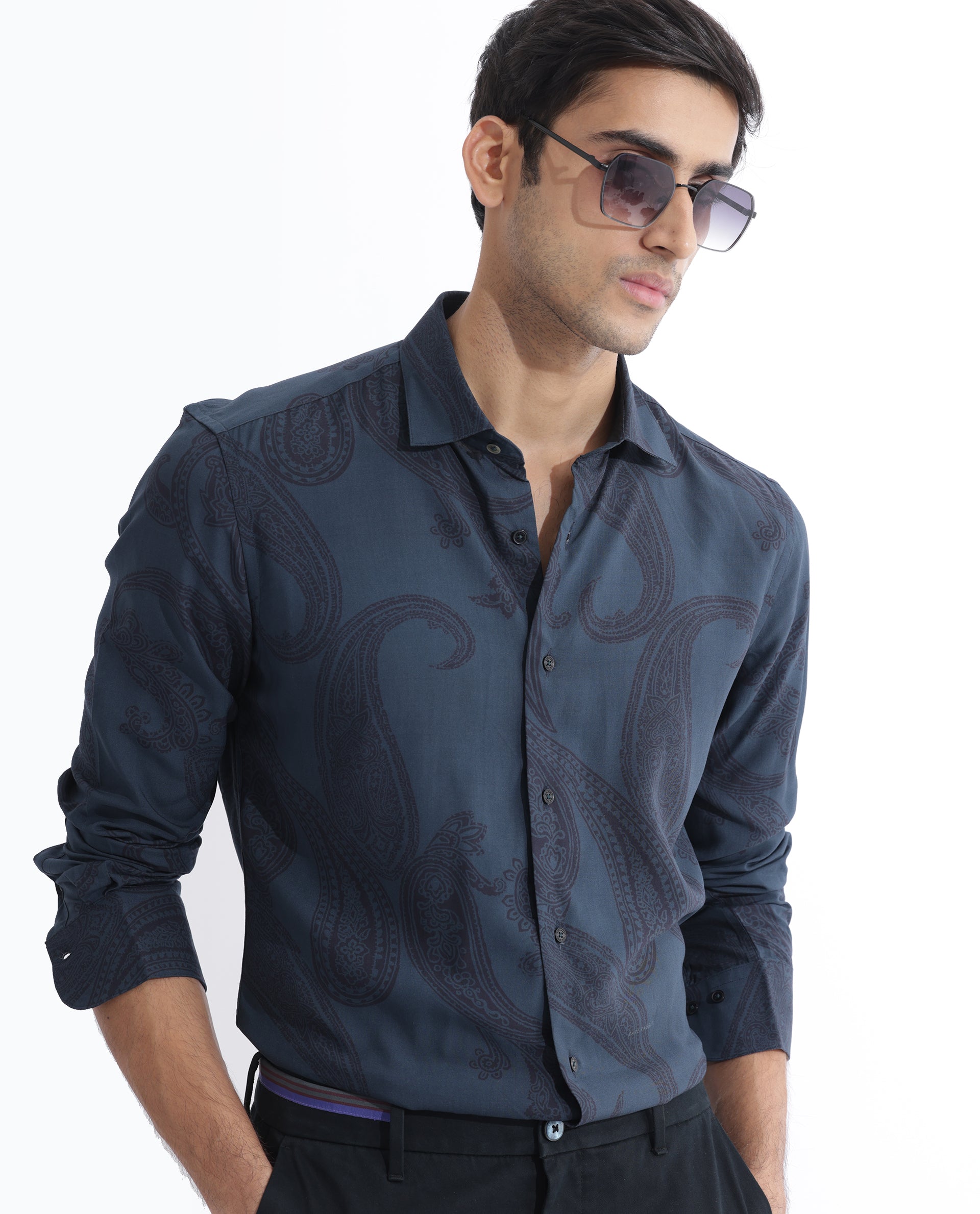 Rare Rabbit Men's Hera Blue Viscose Fabric Paisley Print Full Sleeves Shirt