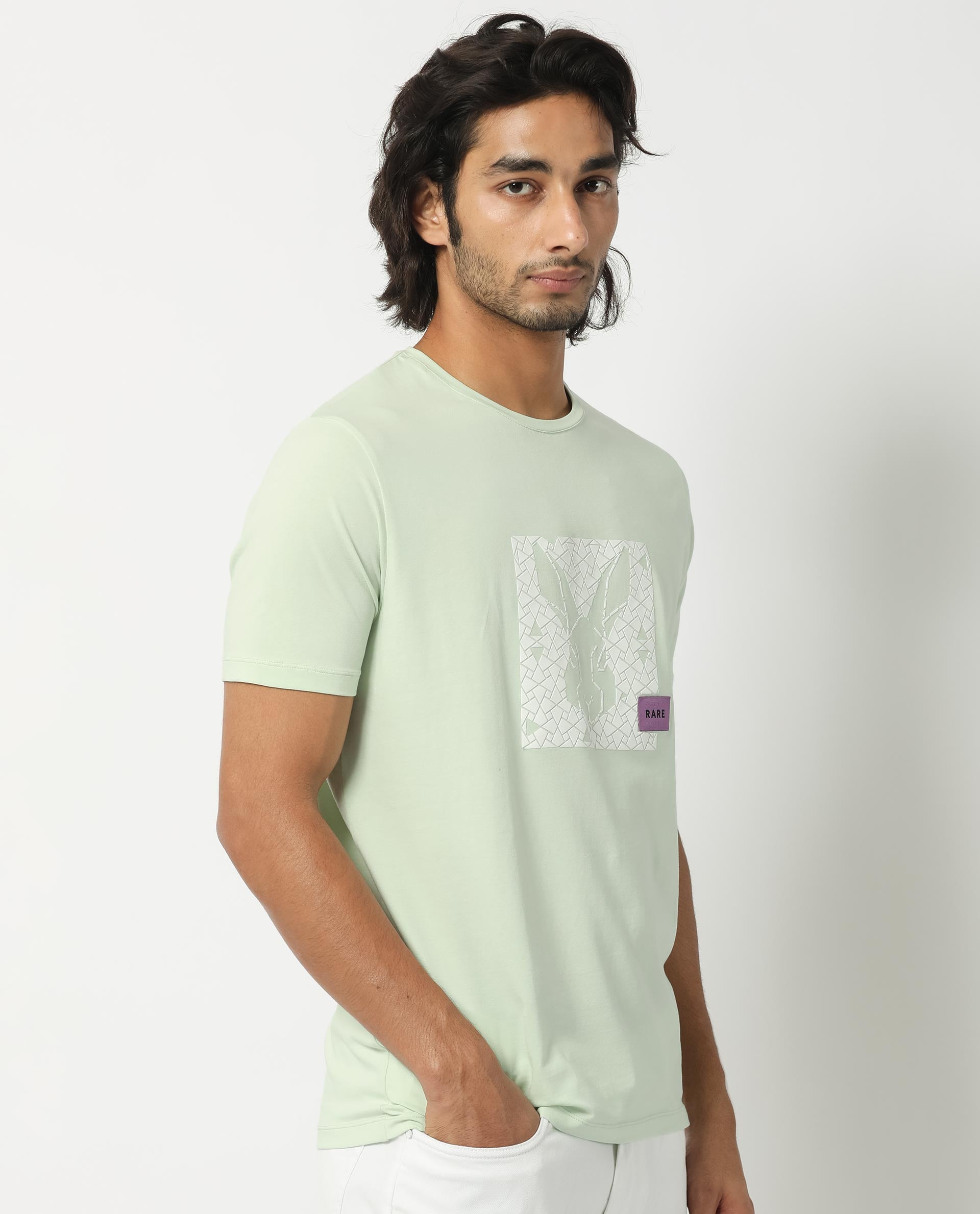 Rare Rabbit Men's Herald Light Green Crew Neck HD Print Logo and Branding Half Sleeves Regular Fit T-Shirt