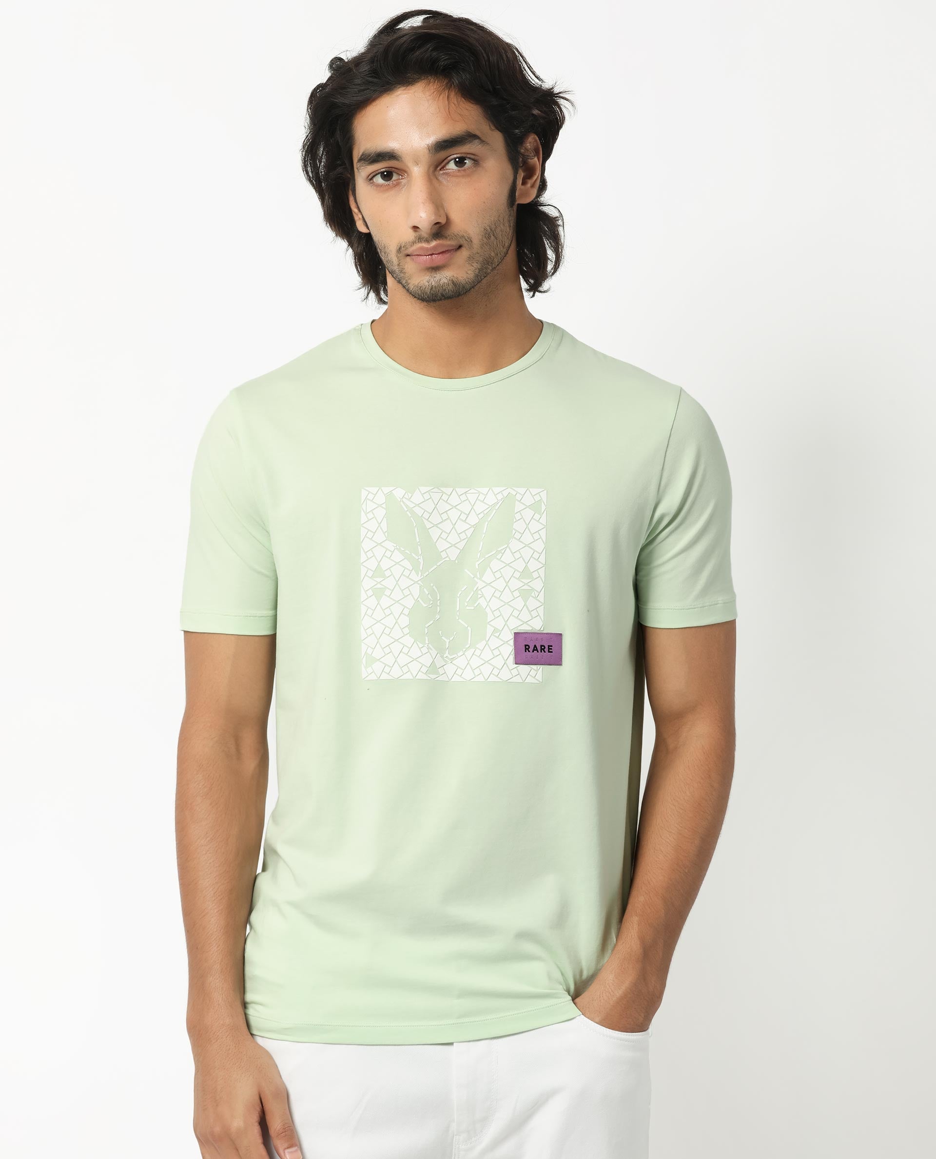 Rare Rabbit Men's Herald Light Green Crew Neck HD Print Logo and Branding Half Sleeves Regular Fit T-Shirt
