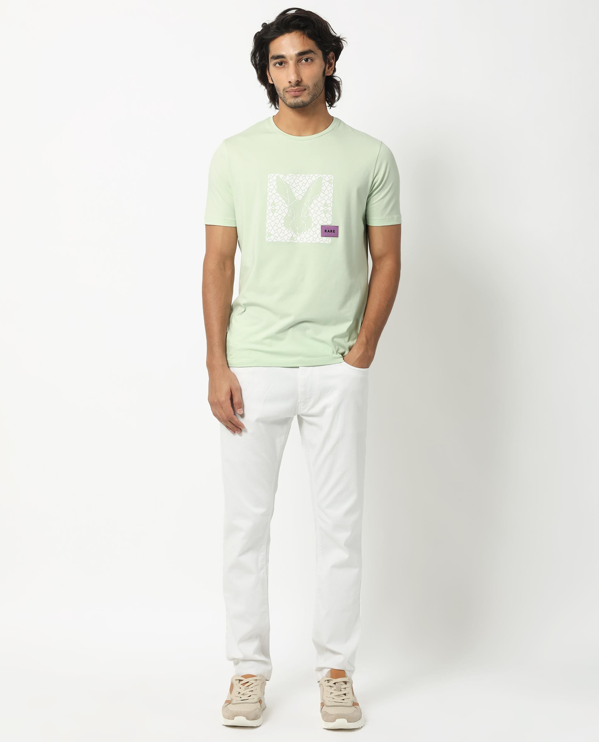 Rare Rabbit Men's Herald Light Green Crew Neck HD Print Logo and Branding Half Sleeves Regular Fit T-Shirt