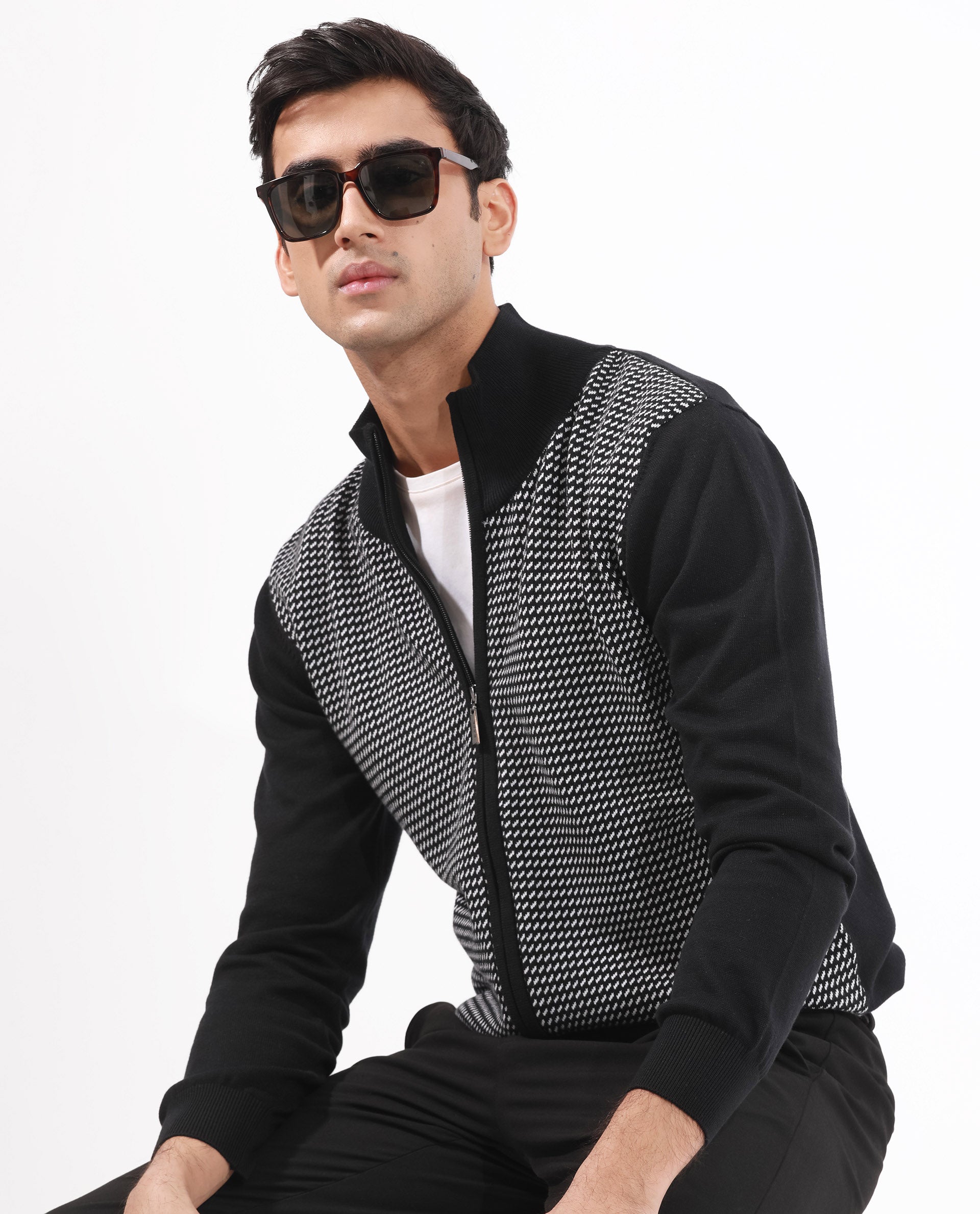 Rare Rabbit Mens Heritage Black Cotton Fabric Full Sleeve High Neck Jacquard Textured Sweater