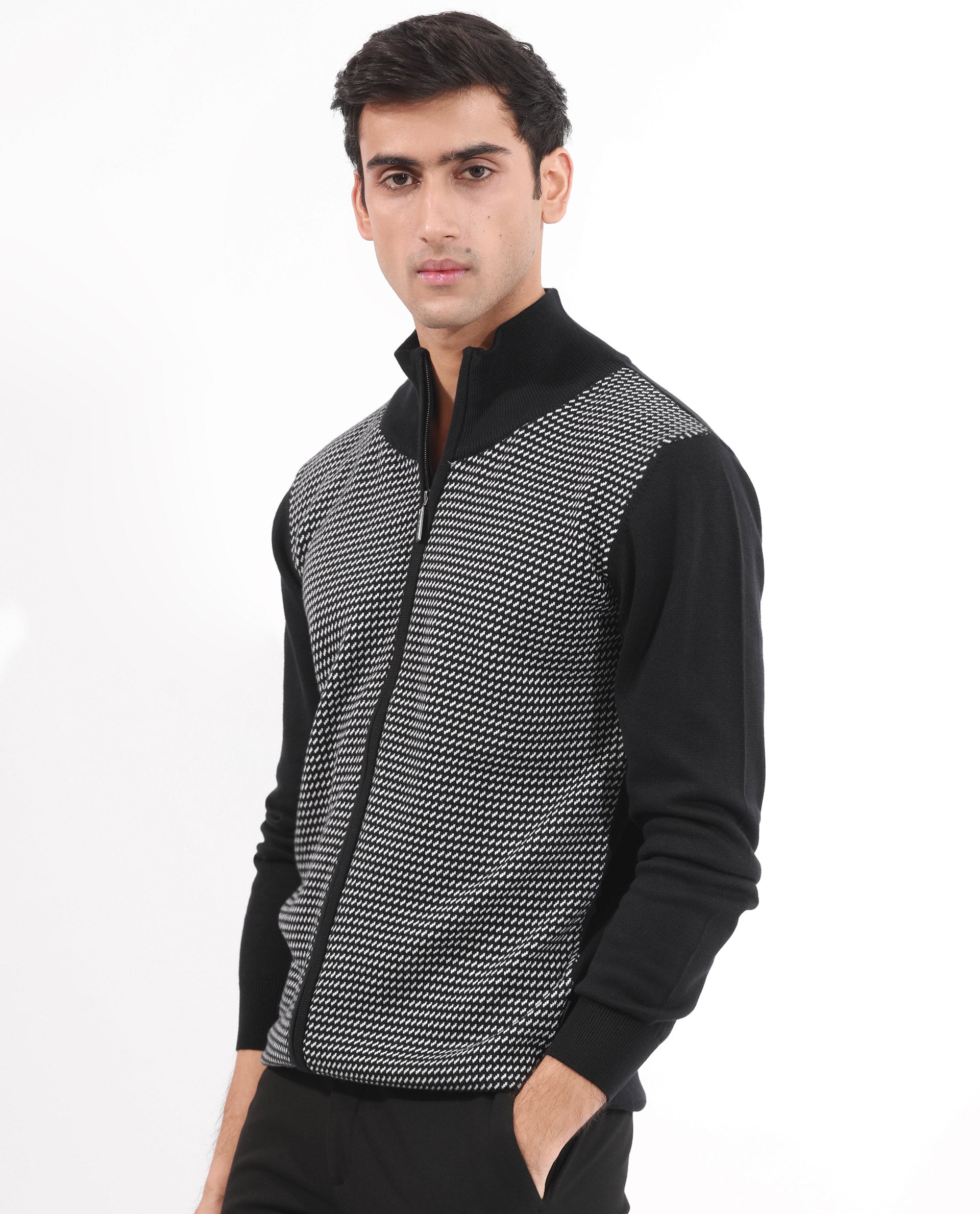 Rare Rabbit Mens Heritage Black Cotton Fabric Full Sleeve High Neck Jacquard Textured Sweater