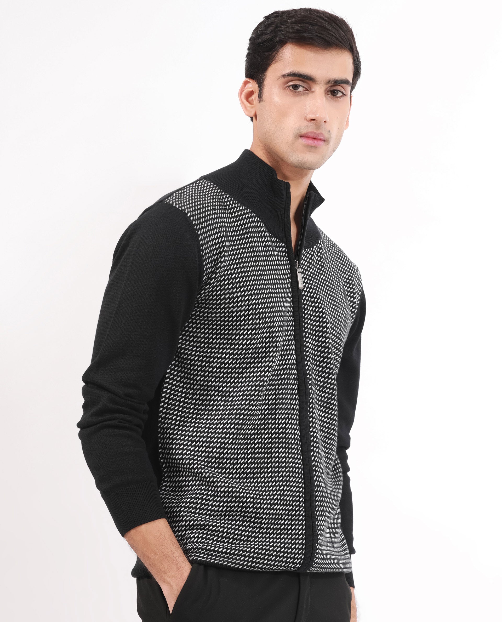 Rare Rabbit Mens Heritage Black Cotton Fabric Full Sleeve High Neck Jacquard Textured Sweater