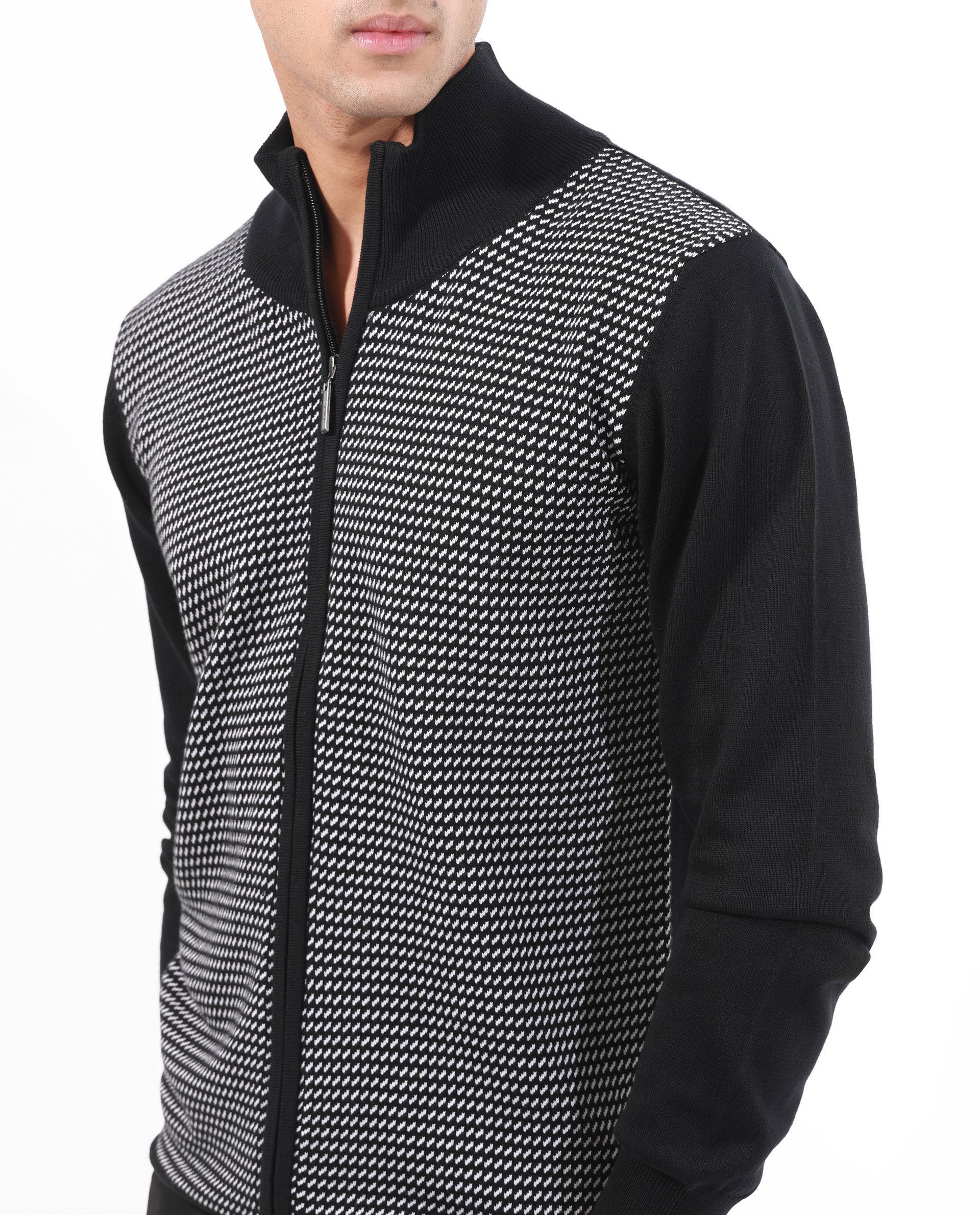 Rare Rabbit Mens Heritage Black Cotton Fabric Full Sleeve High Neck Jacquard Textured Sweater