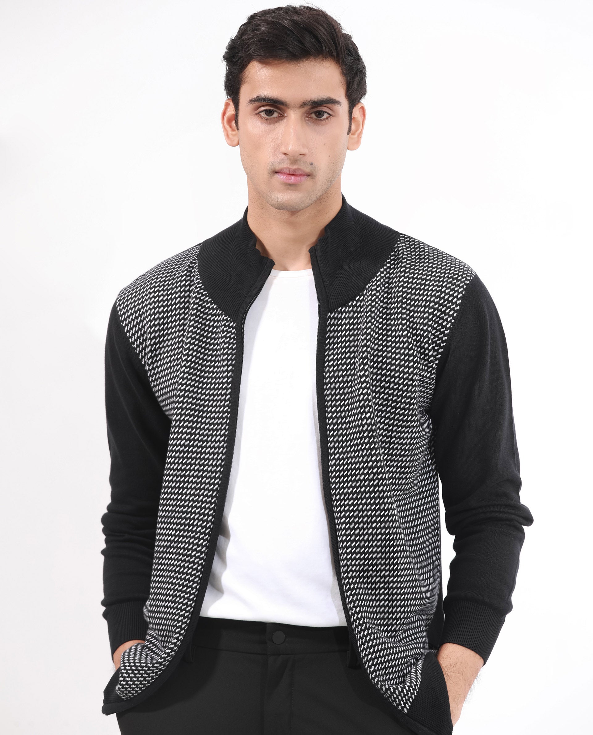 Rare Rabbit Mens Heritage Black Cotton Fabric Full Sleeve High Neck Jacquard Textured Sweater