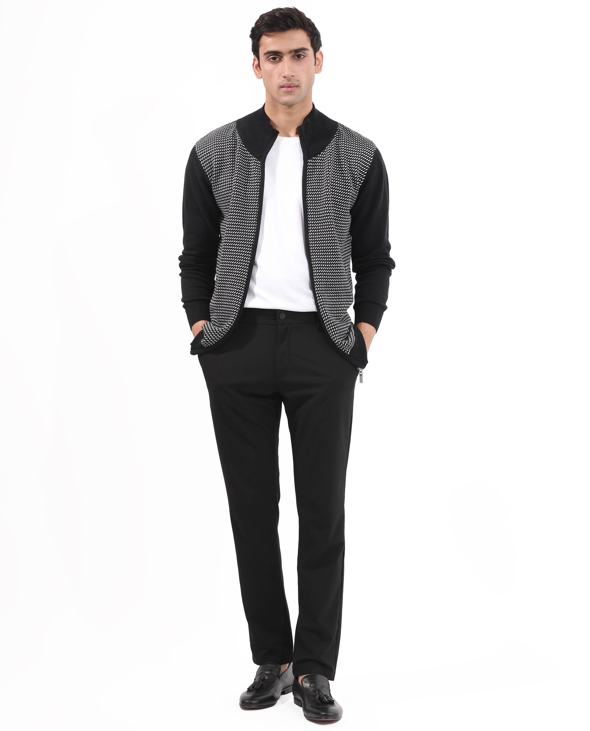 Rare Rabbit Mens Heritage Black Cotton Fabric Full Sleeve High Neck Jacquard Textured Sweater