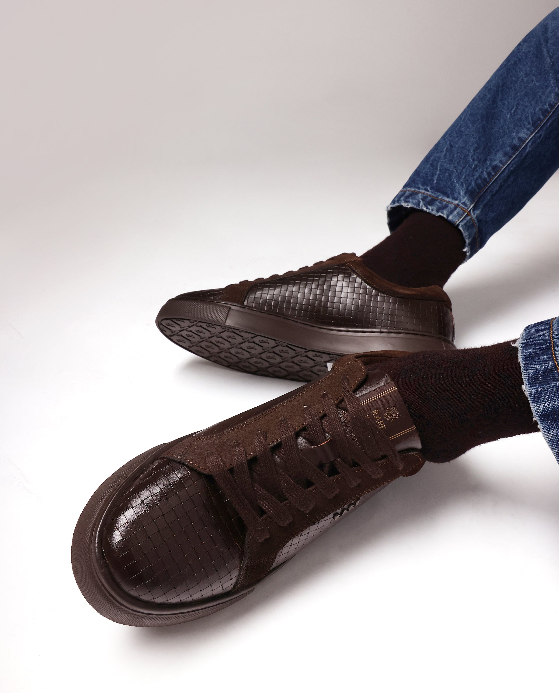 Rare Rabbit Men Herlock Brown Plated Genuine Leather with a Branded Metal Trim Low-Top Lace-Up Sneaker Shoes