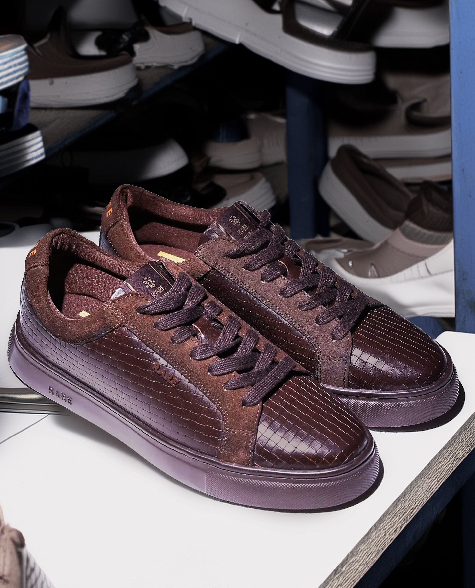 Rare Rabbit Men Herlock Brown Plated Genuine Leather with a Branded Metal Trim Low-Top Lace-Up Sneaker Shoes