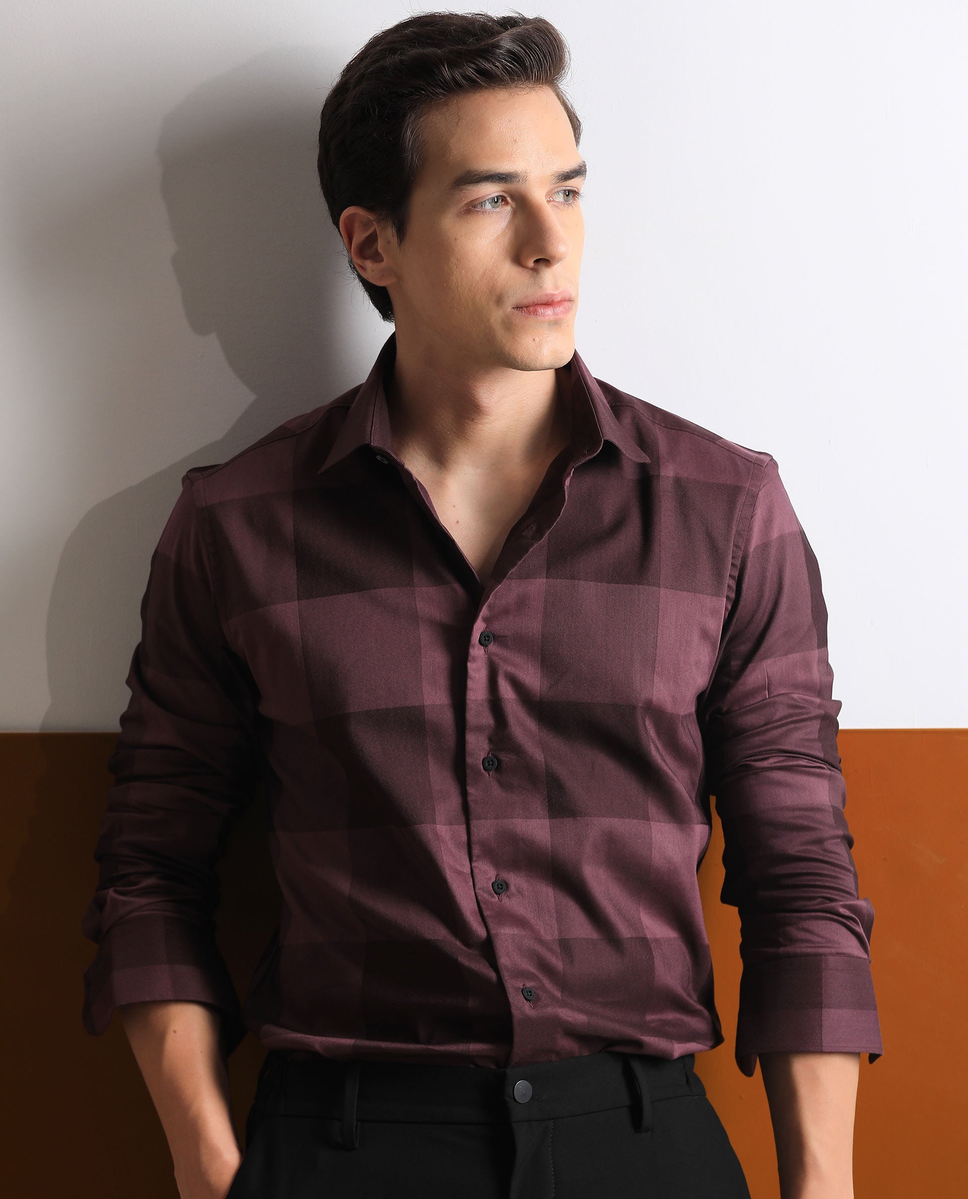 Rare Rabbit Men's Santhe Maroon Cotton Lycra Fabric Full Sleeves Regular Fit Tonal Checks Shirt