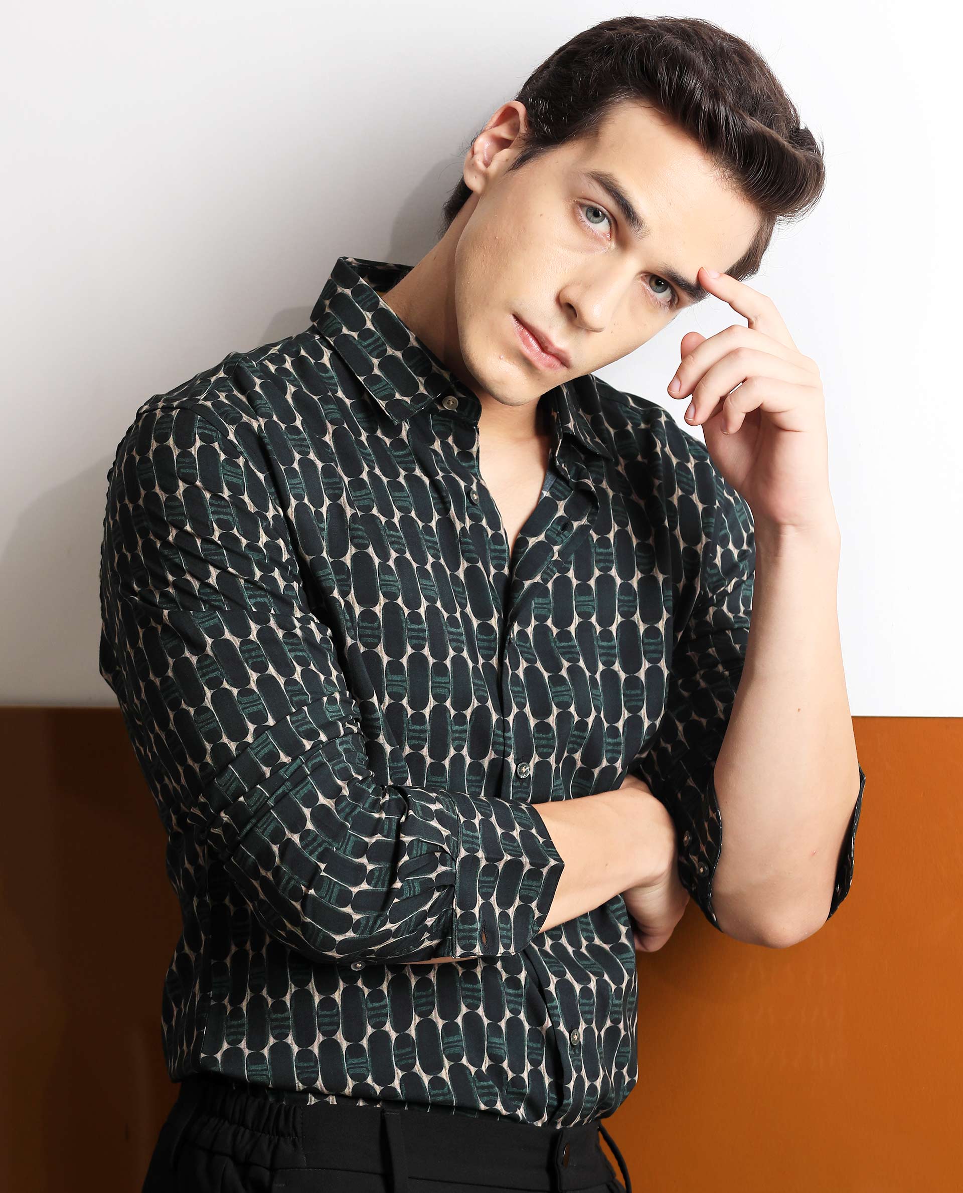 Rare Rabbit Mens Oliver Green Viscose Fabric Full Sleeves Slim Fit Geometric Print Shirt