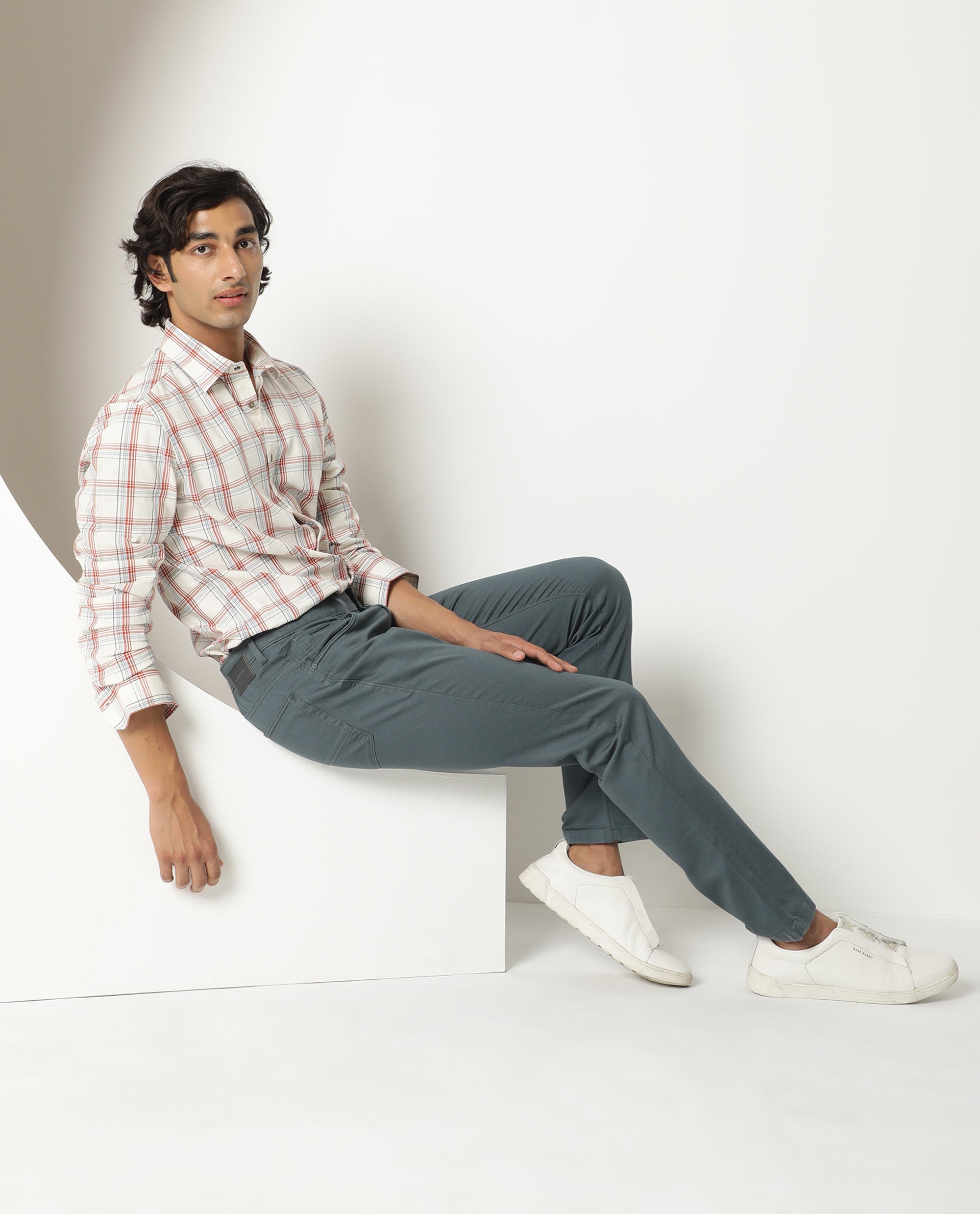 Rare Rabbit Men's Fernie Mustard Orange Fabric Full Sleeves Checks Shirt