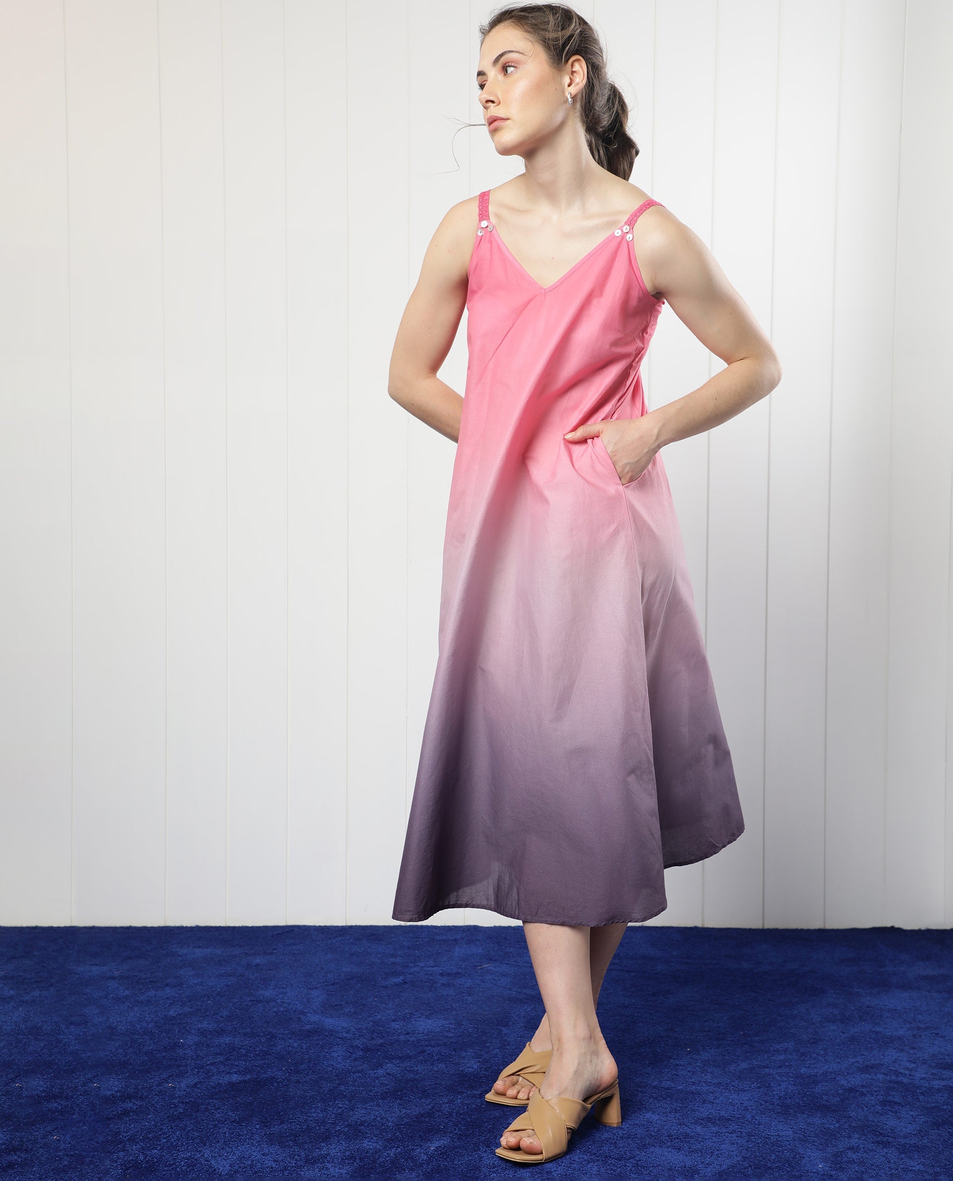 Rareism Women's Kathy Multi Viscose Fabric Shoulder Straps Slip-On Closure Sleeveless Ombre Midi Dress