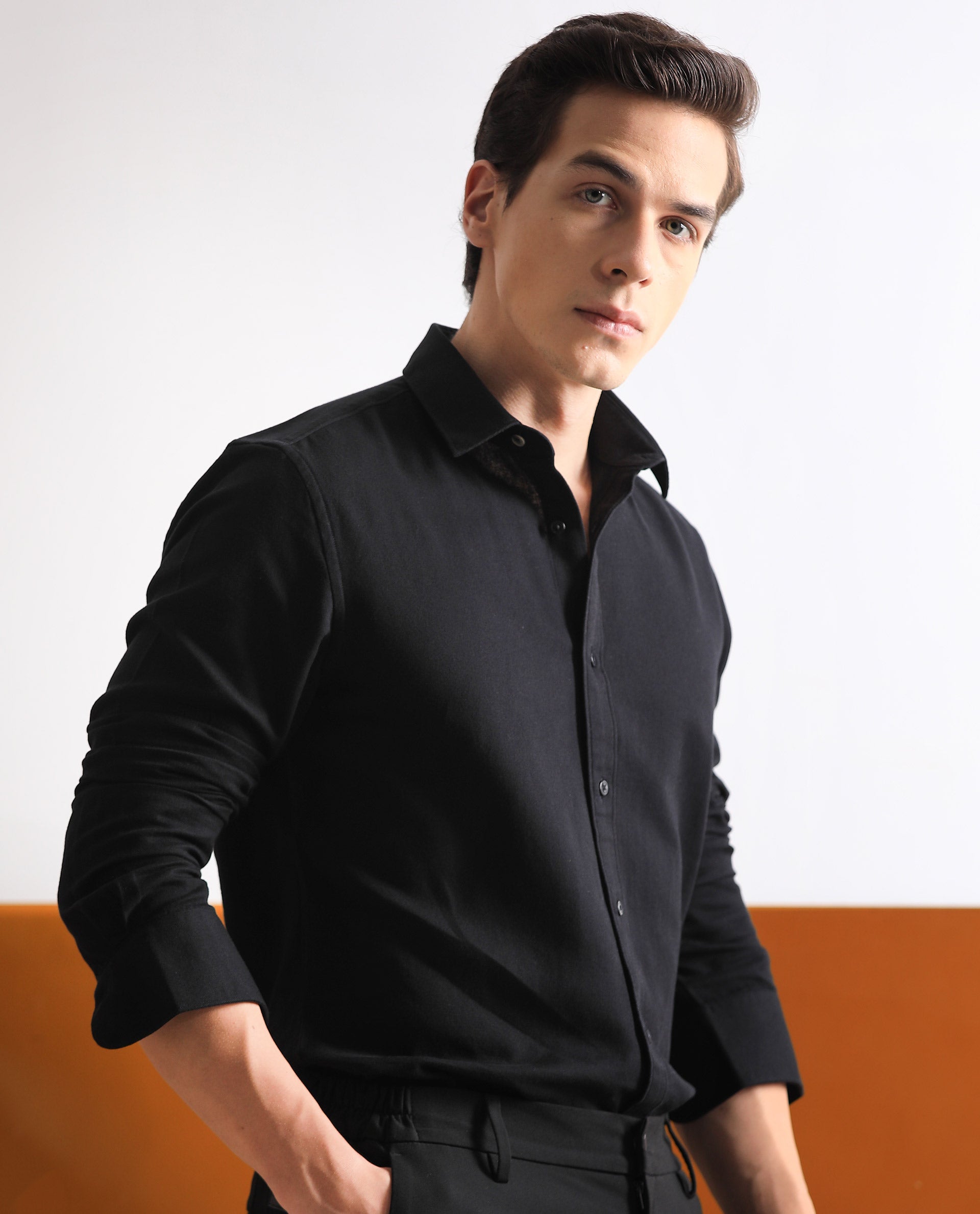 Rare Rabbit Mens Otago Black Cotton Fabric Full Sleeves Regular Fit Solid Shirt