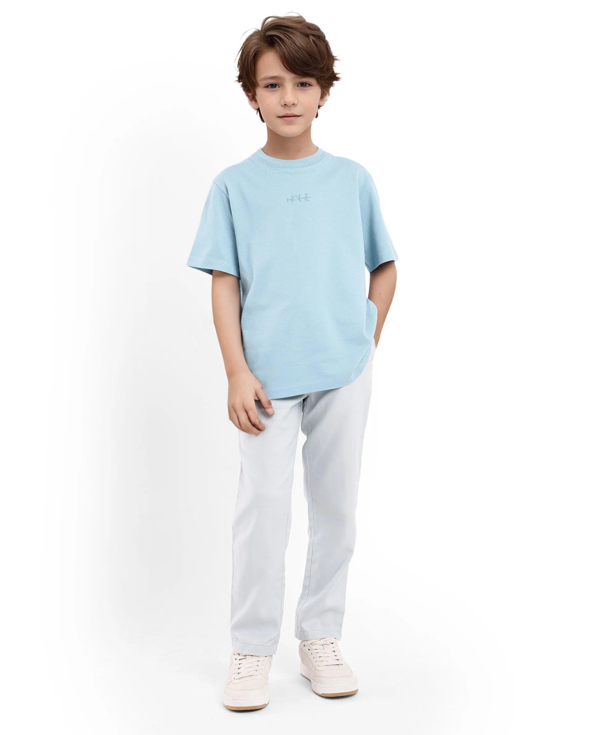 Rare Ones Kids Heron Light Blue Cotton Fabric Half Sleeves Crew Neck Embroidered T-Shirt