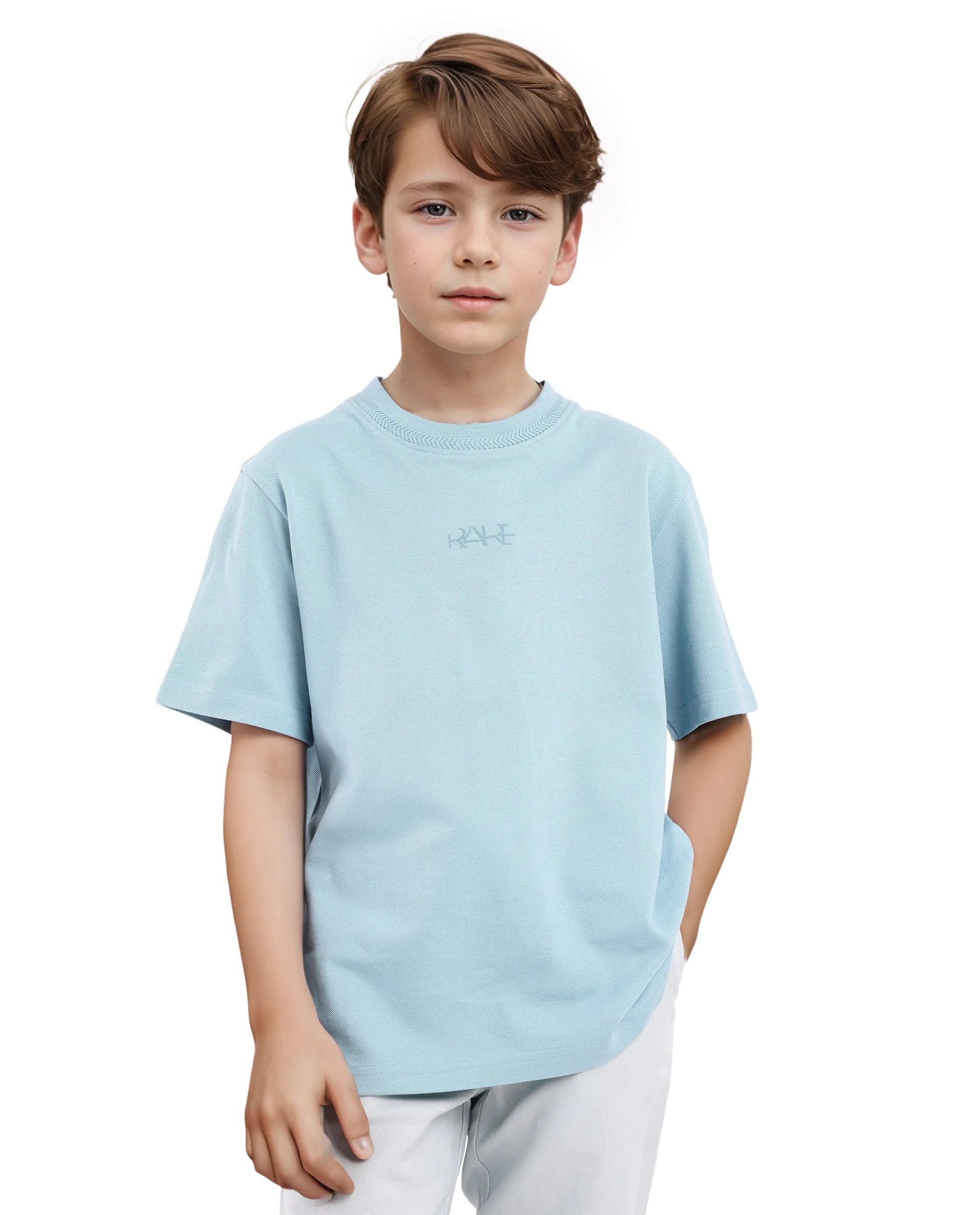 Rare Ones Kids Heron Light Blue Cotton Fabric Half Sleeves Crew Neck Embroidered T-Shirt