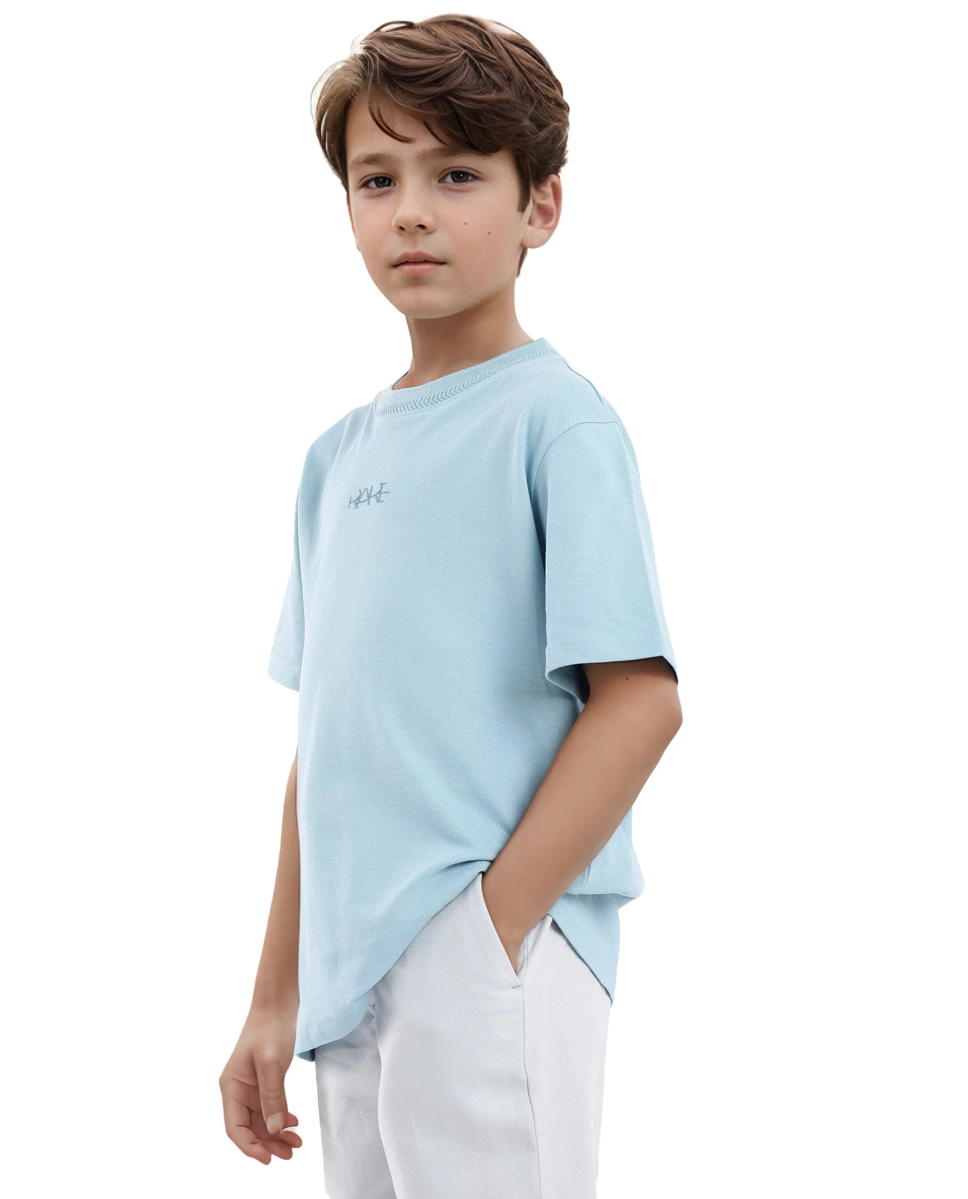 Rare Ones Kids Heron Light Blue Cotton Fabric Half Sleeves Crew Neck Embroidered T-Shirt