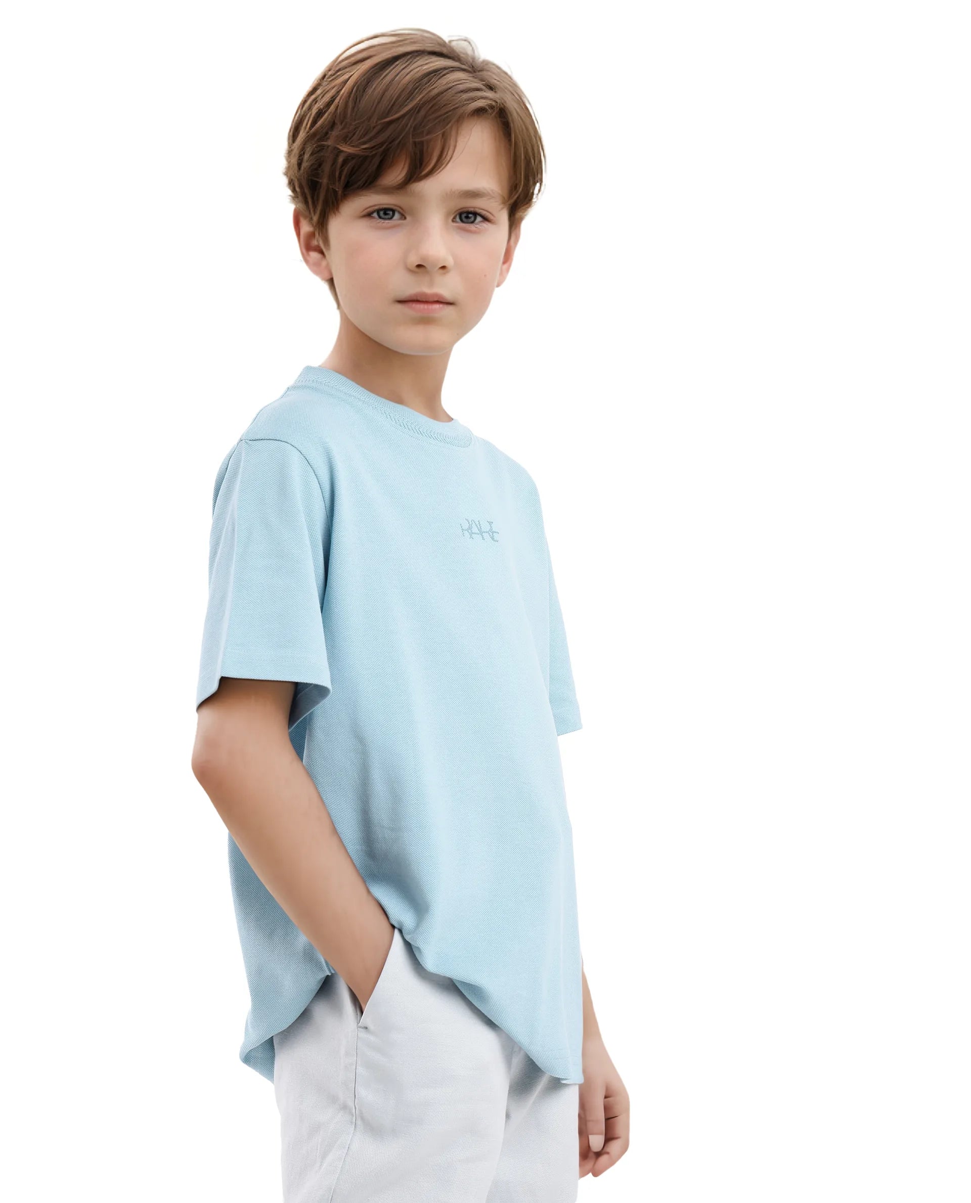 Rare Ones Kids Heron Light Blue Cotton Fabric Half Sleeves Crew Neck Embroidered T-Shirt