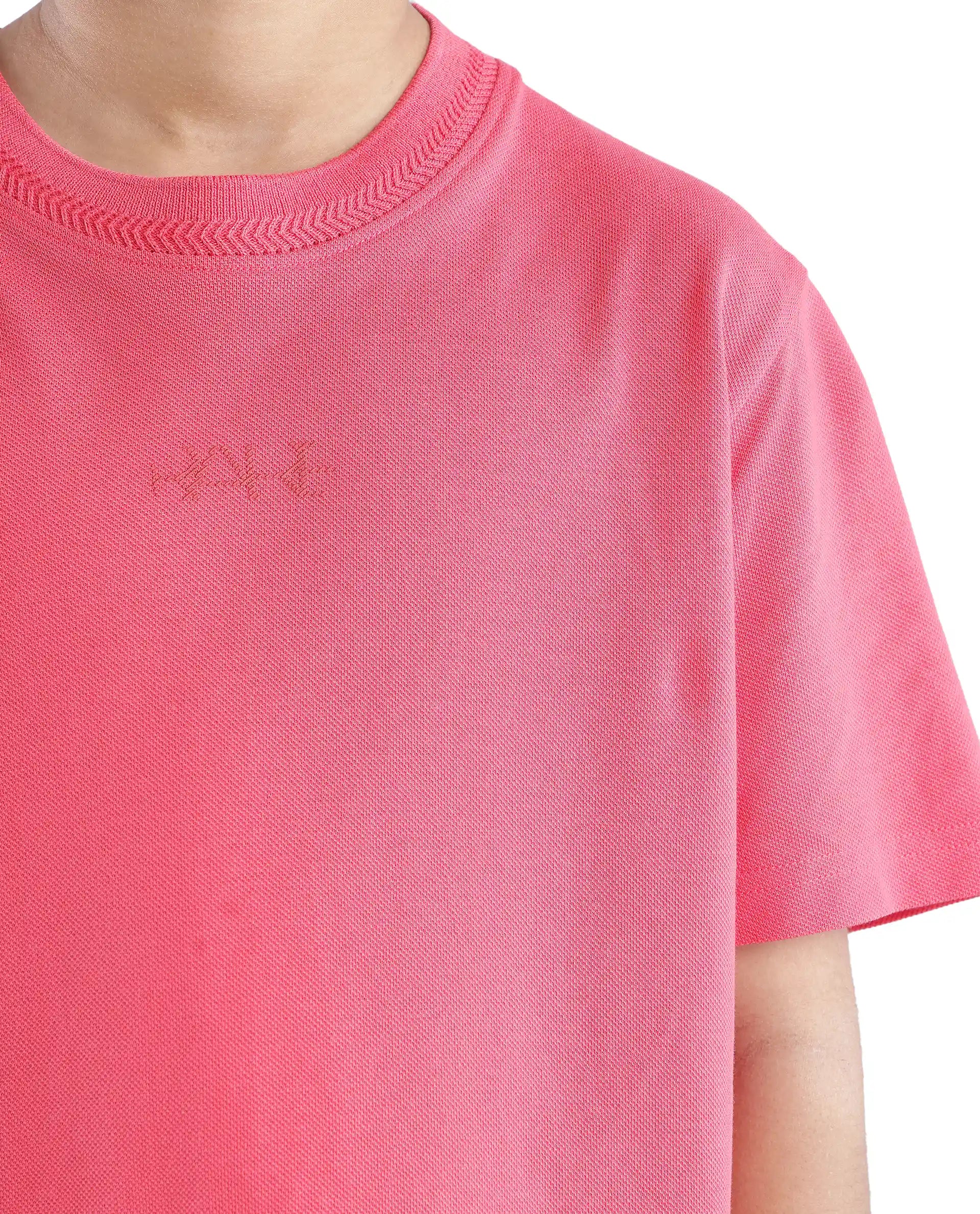 Rare Ones Kids Heron Fluorescent Pink Cotton Fabric Half Sleeves Crew Neck Embroidered T-Shirt