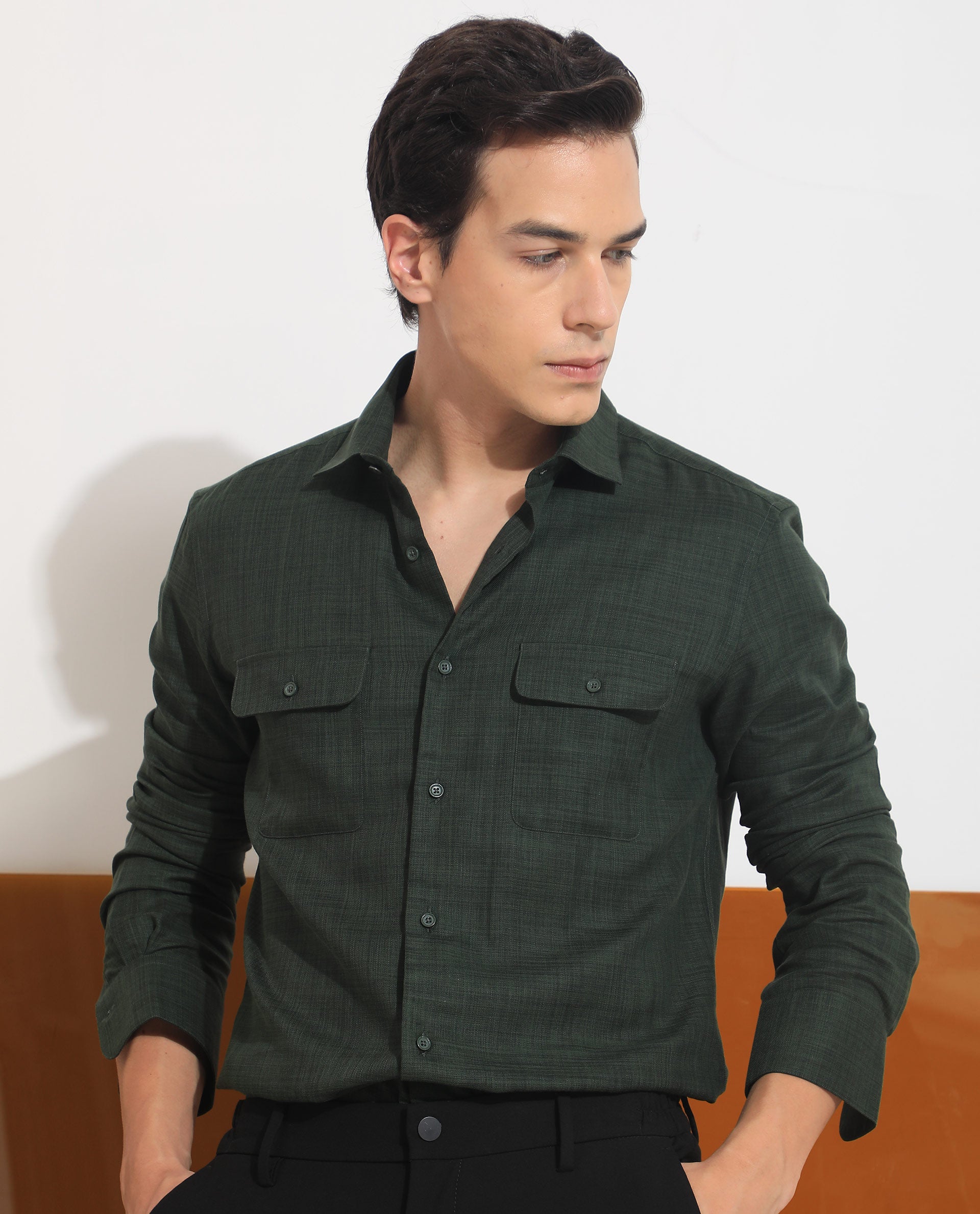 Rare Rabbit Men's Safa Olive Cotton Lyocell Fabric Full Sleeves Solid Shirt