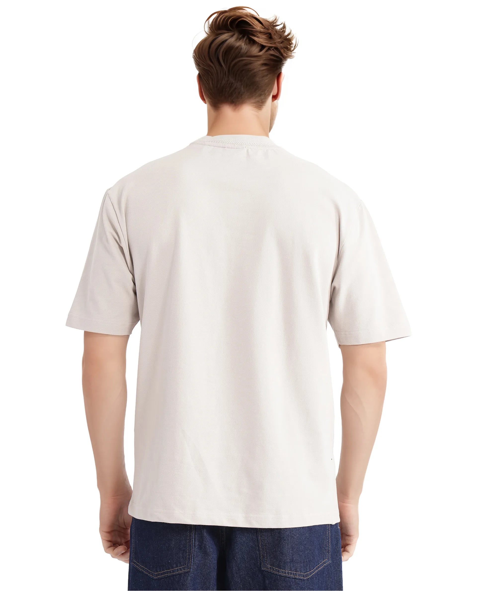 Rare Rabbit Men's Heros-2 Beige Cotton Lycra Fabric Short Sleeve Crew Neck Oversized Fit Plain T-Shirt