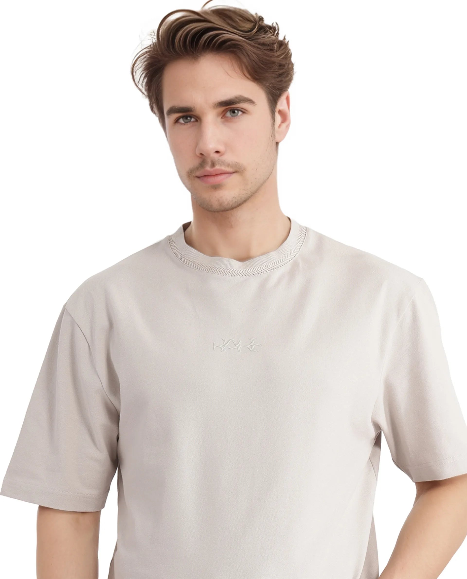 Rare Rabbit Men's Heros-2 Beige Cotton Lycra Fabric Short Sleeve Crew Neck Oversized Fit Plain T-Shirt