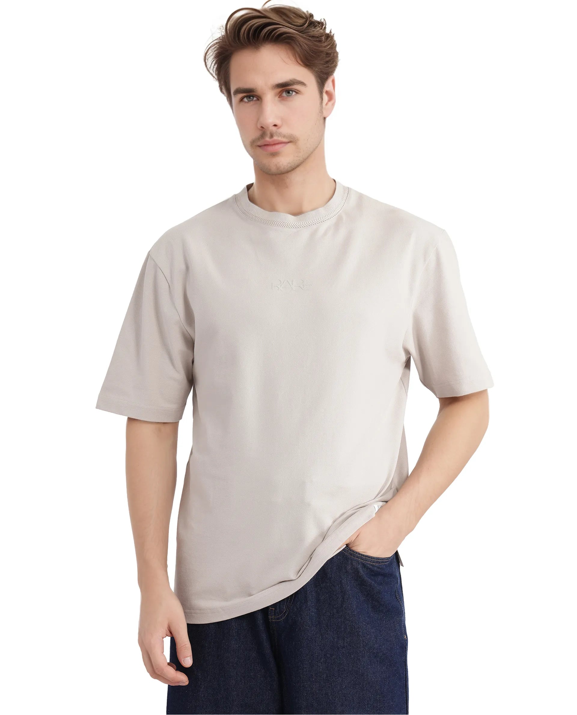 Rare Rabbit Men's Heros-2 Beige Cotton Lycra Fabric Short Sleeve Crew Neck Oversized Fit Plain T-Shirt