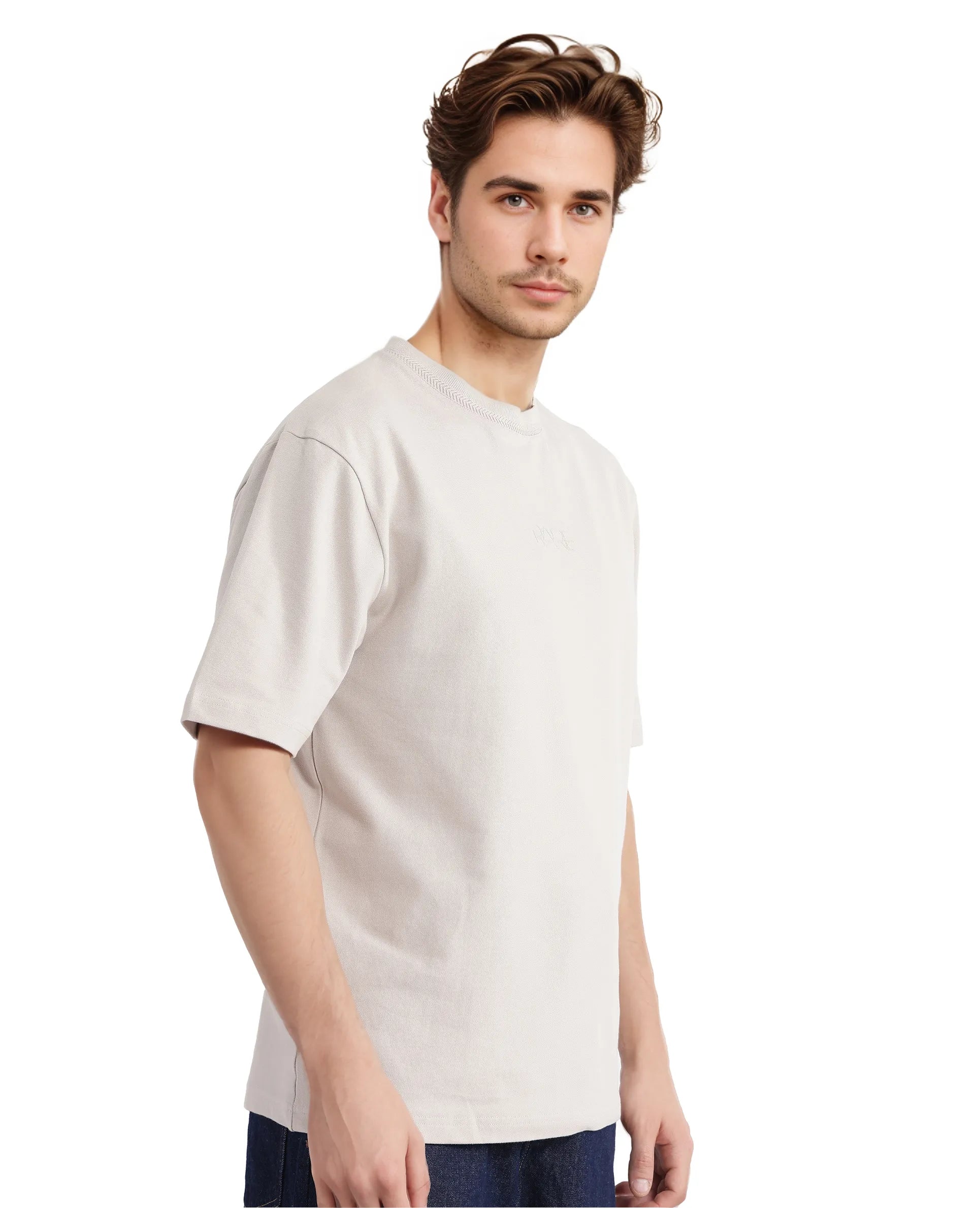 Rare Rabbit Men's Heros-2 Beige Cotton Lycra Fabric Short Sleeve Crew Neck Oversized Fit Plain T-Shirt