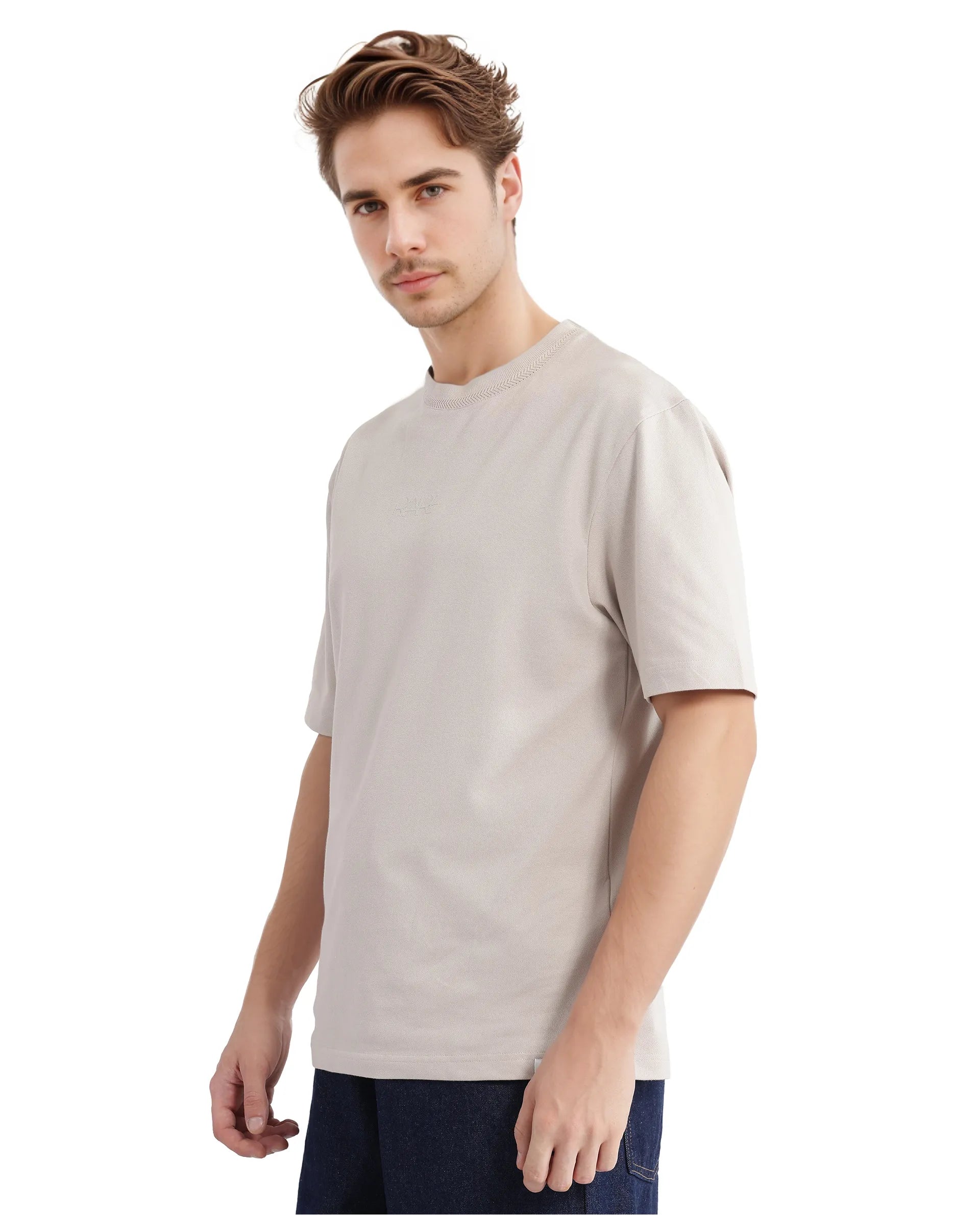 Rare Rabbit Men's Heros-2 Beige Cotton Lycra Fabric Short Sleeve Crew Neck Oversized Fit Plain T-Shirt