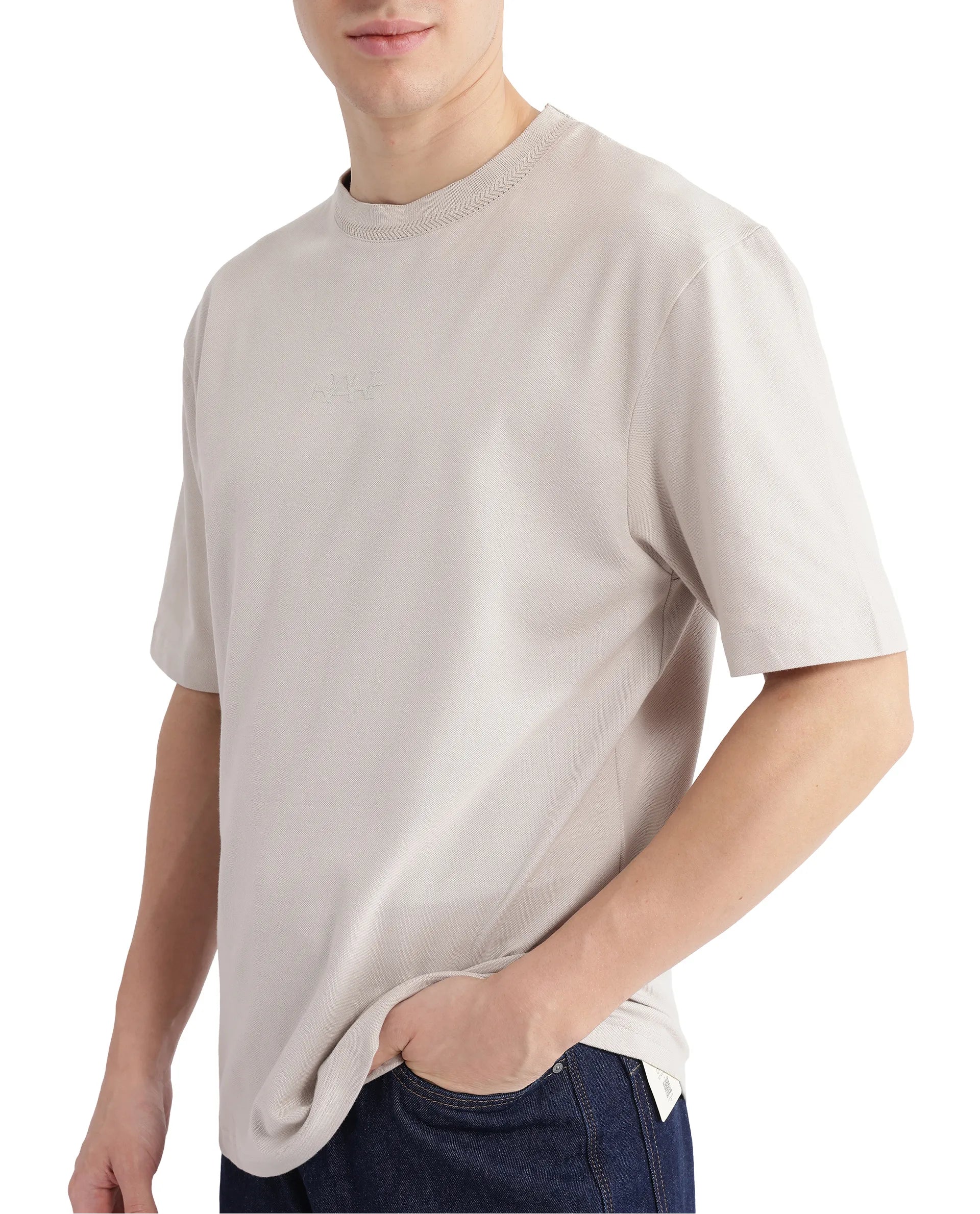 Rare Rabbit Men's Heros-2 Beige Cotton Lycra Fabric Short Sleeve Crew Neck Oversized Fit Plain T-Shirt