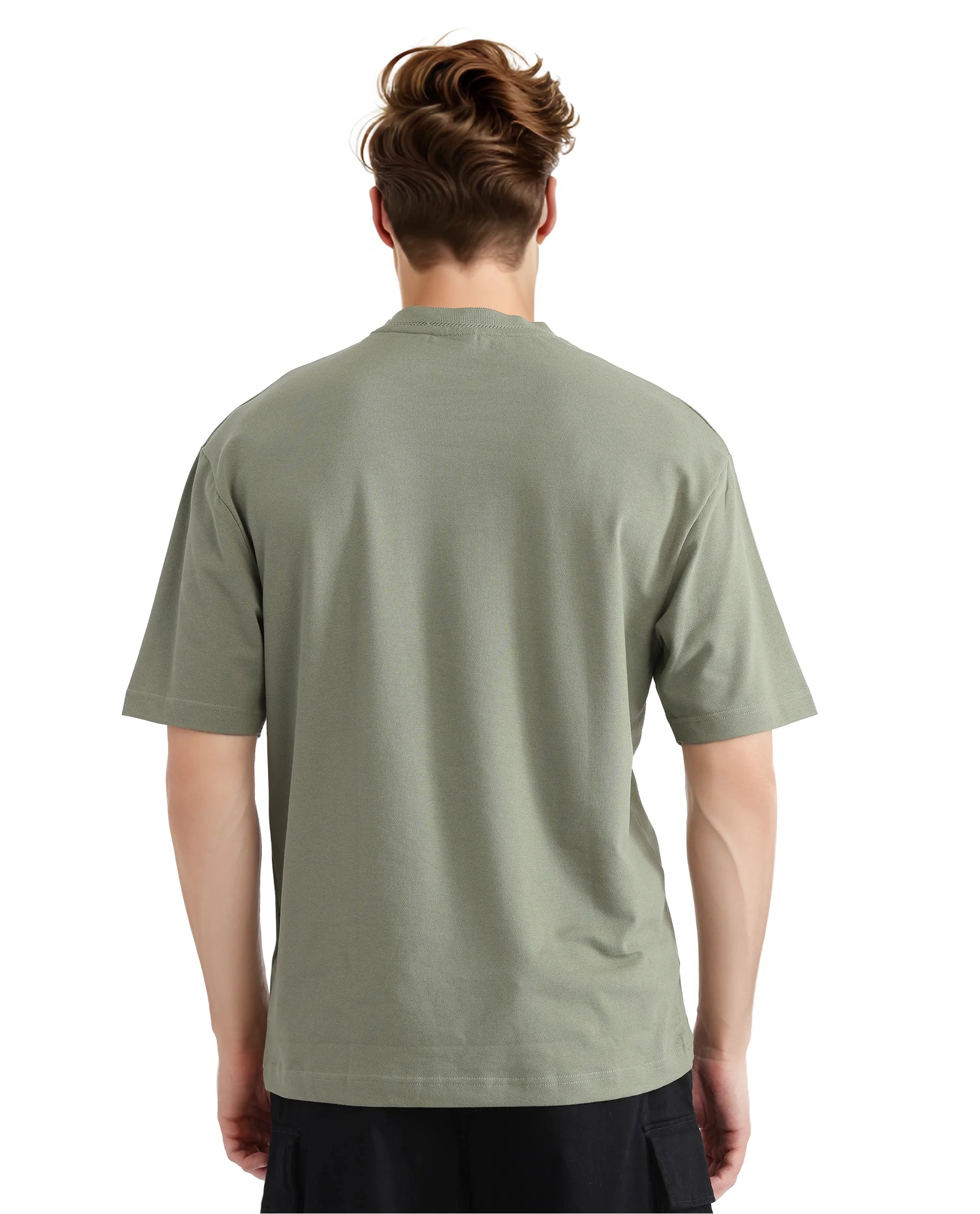 Rare Rabbit Men's Heros-2 Dusky Green Cotton Lycra Fabric Short Sleeve Crew Neck Oversized Fit Plain T-Shirt