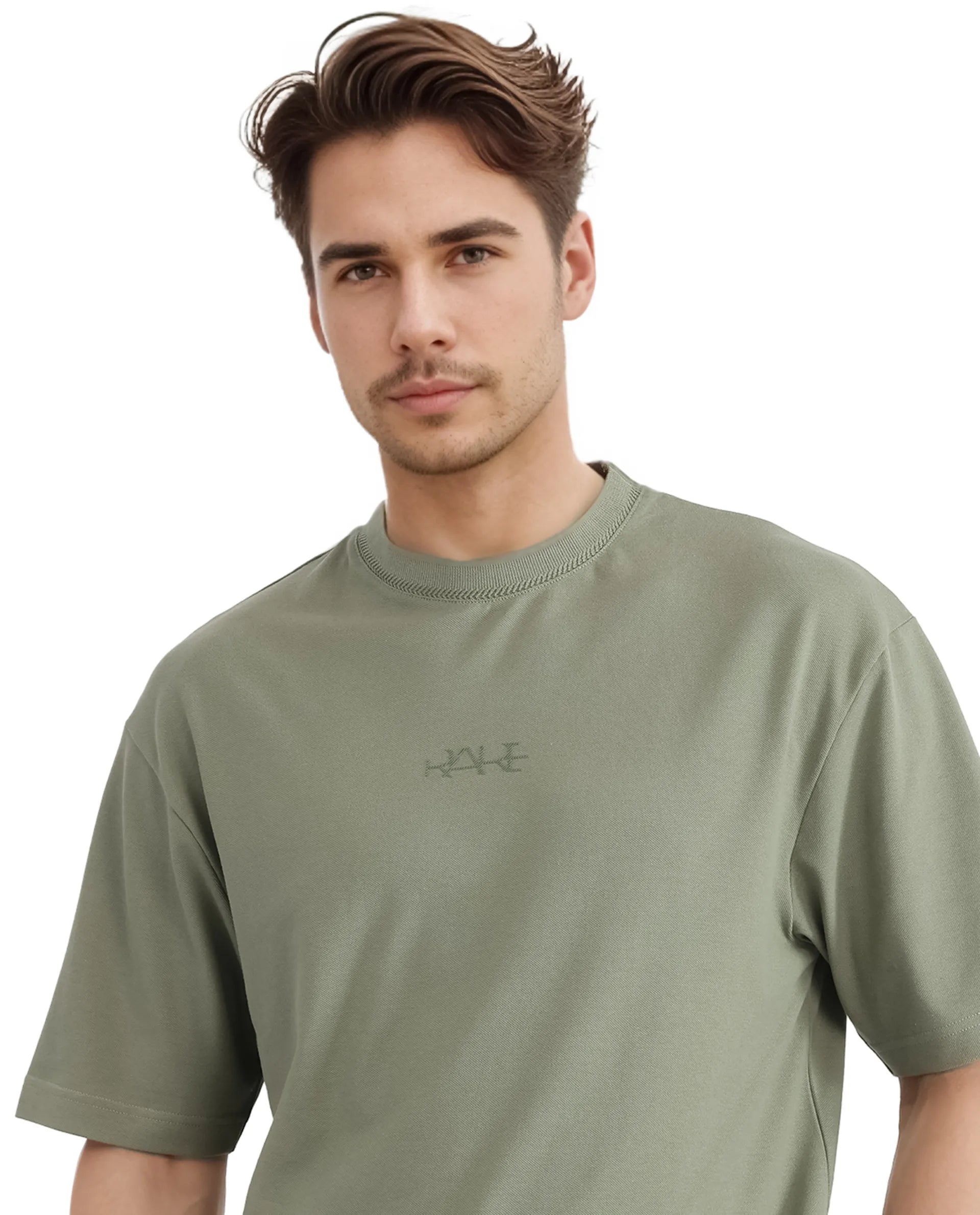 Rare Rabbit Men's Heros-2 Dusky Green Cotton Lycra Fabric Short Sleeve Crew Neck Oversized Fit Plain T-Shirt
