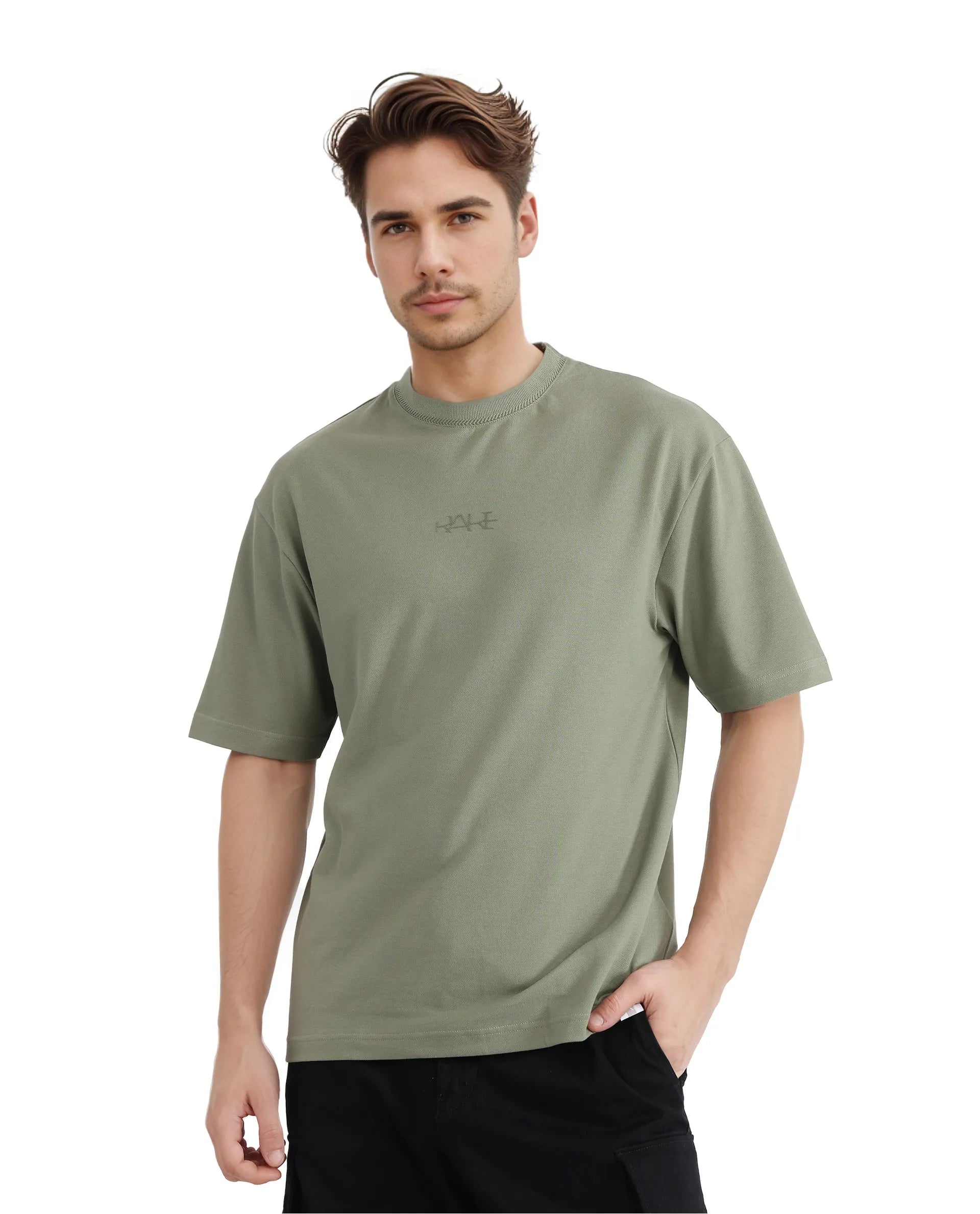 Rare Rabbit Men's Heros-2 Dusky Green Cotton Lycra Fabric Short Sleeve Crew Neck Oversized Fit Plain T-Shirt